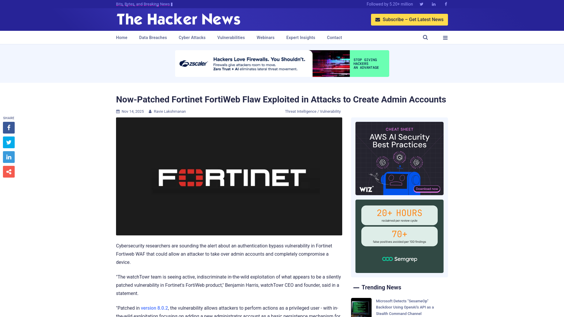 Now-Patched Fortinet FortiWeb Flaw Exploited in Attacks to Create Admin Accounts