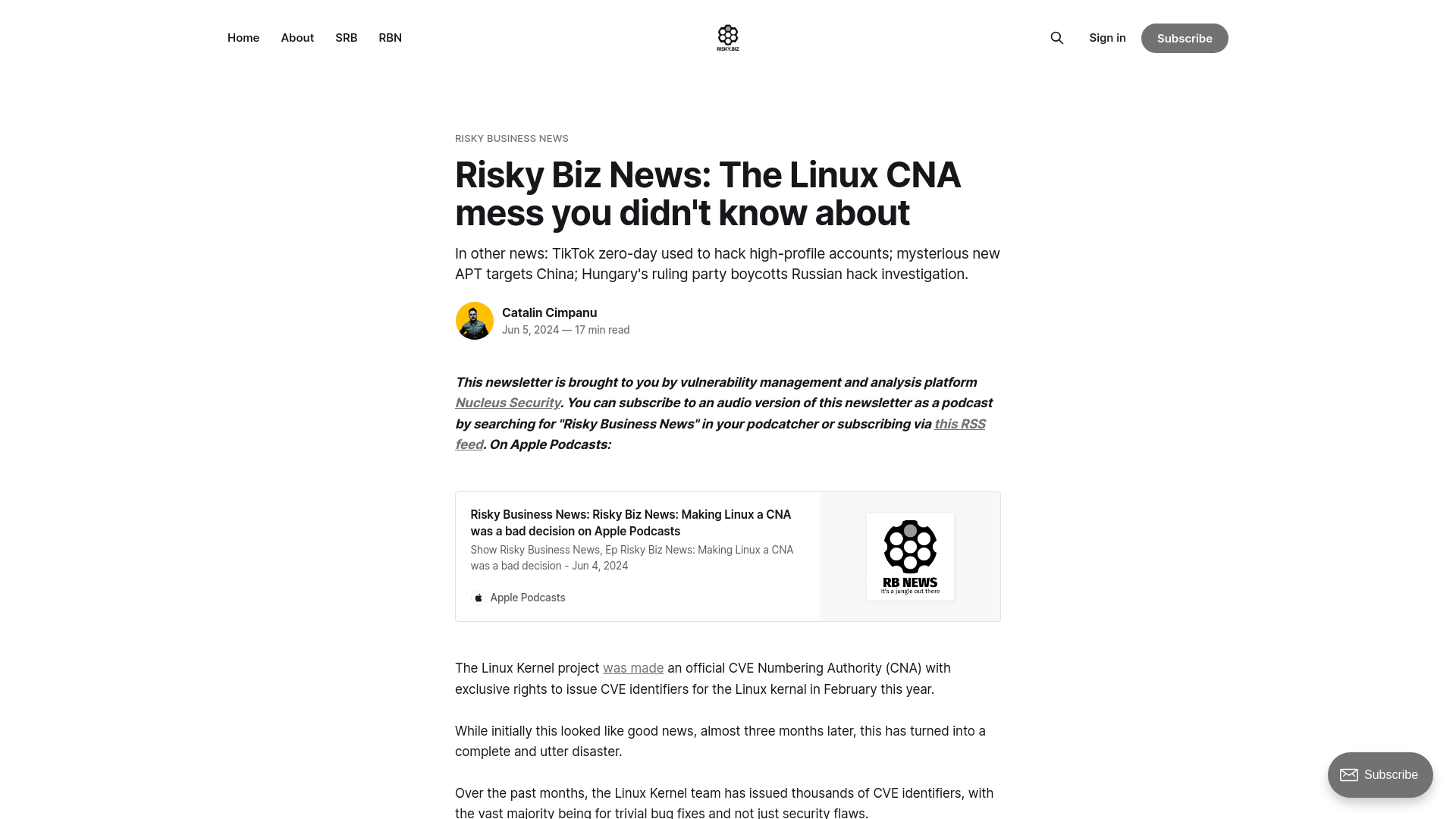 Risky Biz News: The Linux CNA mess