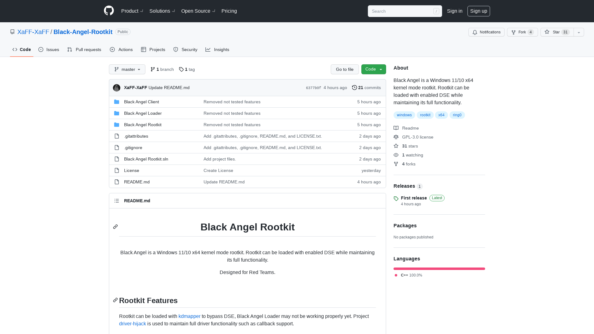 GitHub - XaFF-XaFF/Black-Angel-Rootkit: Black Angel is a Windows 11/10 x64 kernel mode rootkit. Rootkit can be loaded with enabled DSE while maintaining its full functionality.