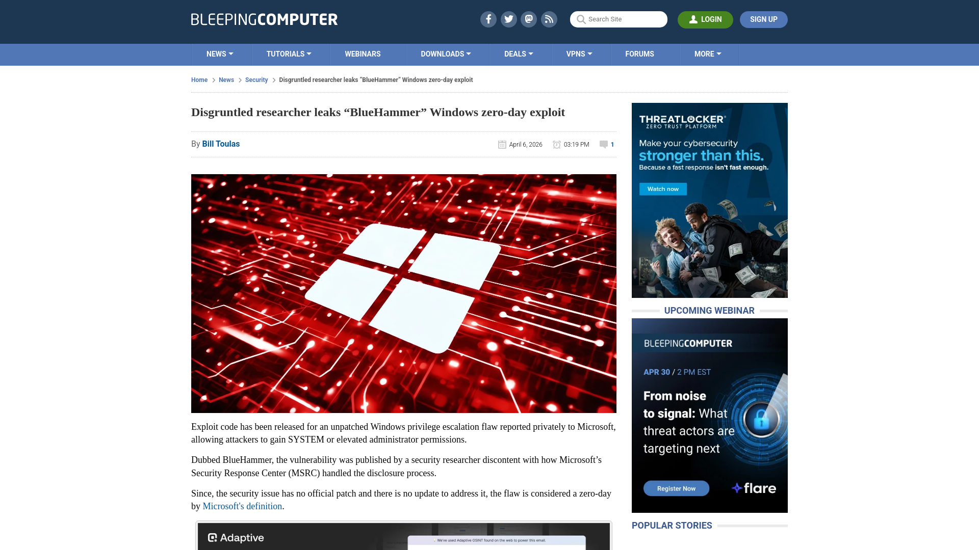 Disgruntled researcher leaks “BlueHammer” Windows zero-day exploit