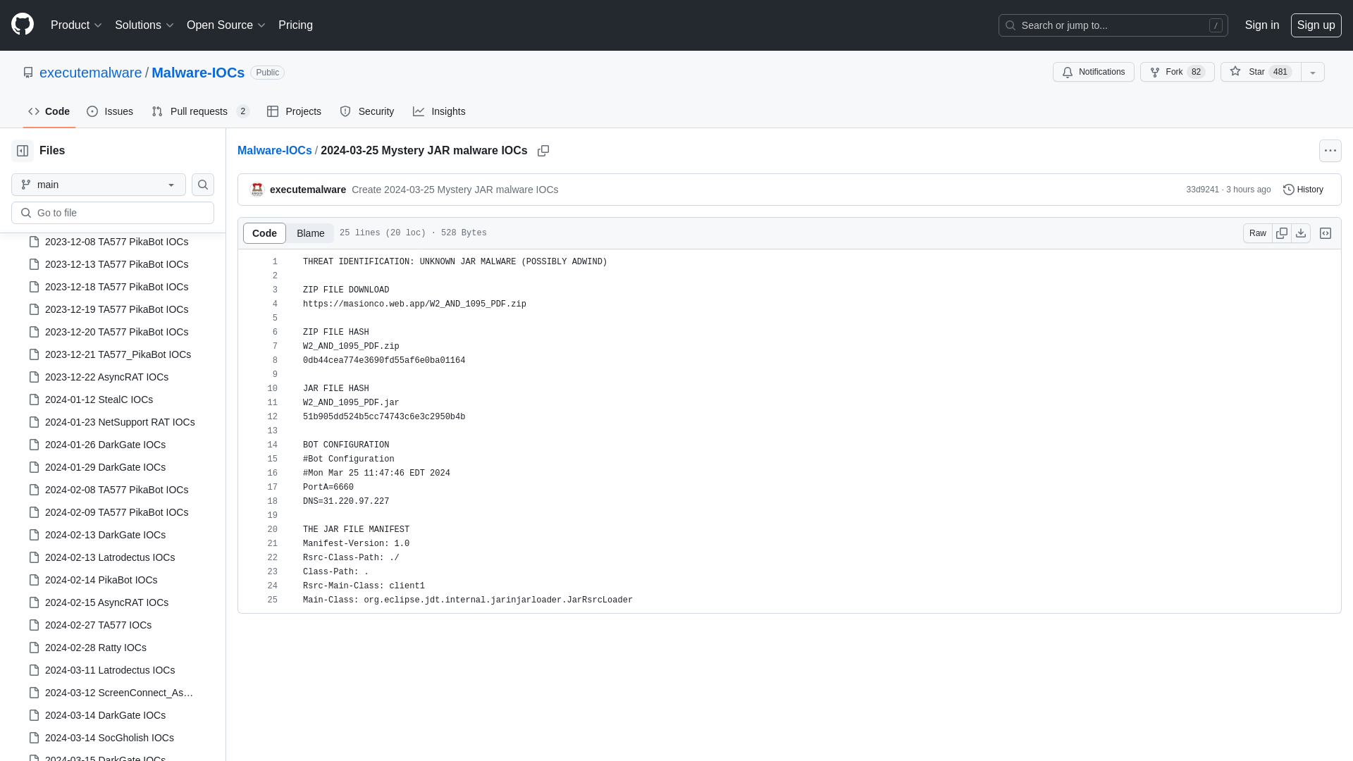 Malware-IOCs/2024-03-25 Mystery JAR malware IOCs at main · executemalware/Malware-IOCs · GitHub