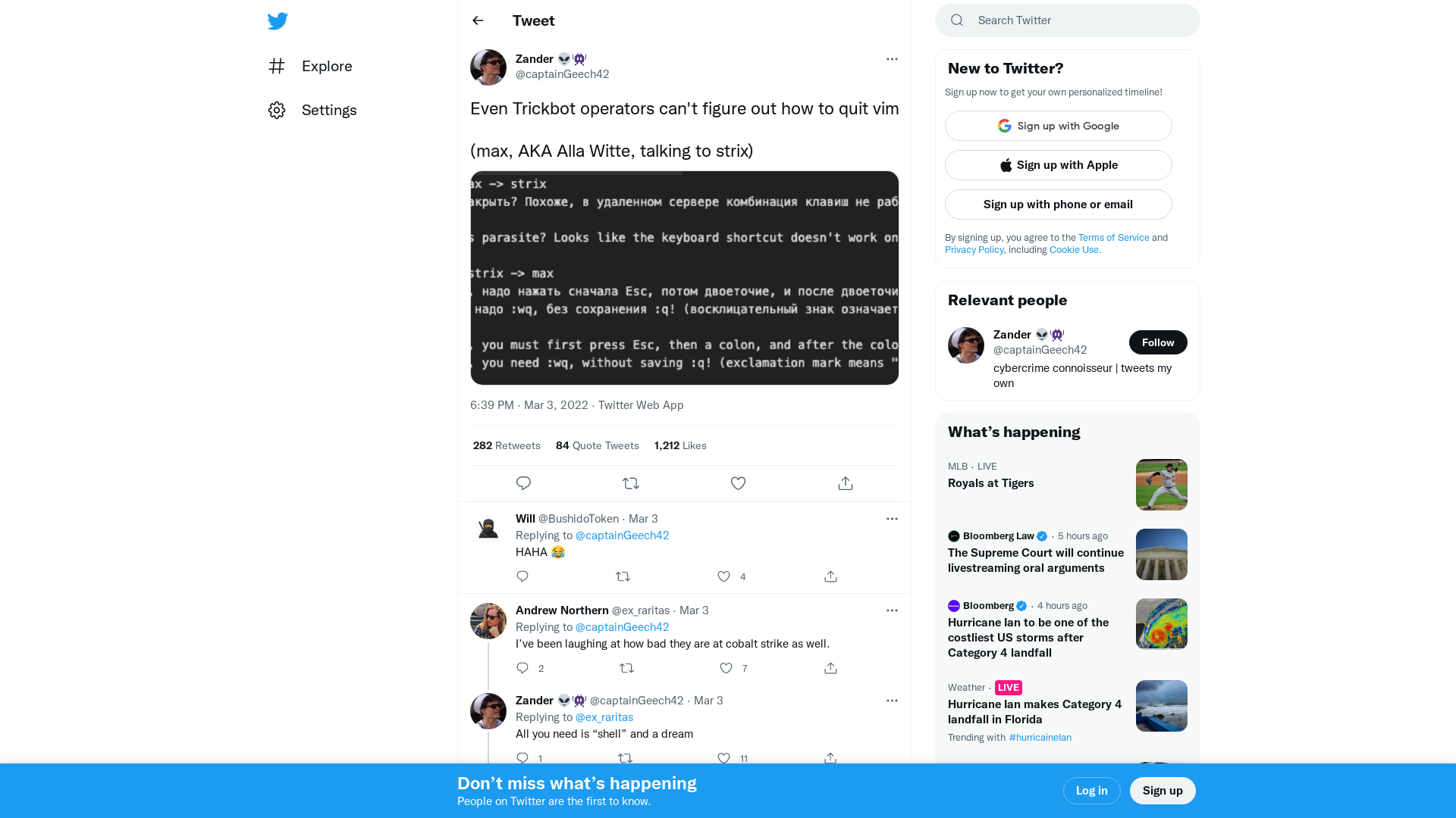 Zander 👽👾 on Twitter: "Even Trickbot operators can't figure out how to quit vim (max, AKA Alla Witte, talking to strix) https://t.co/hb3RUQfxCI" / Twitter