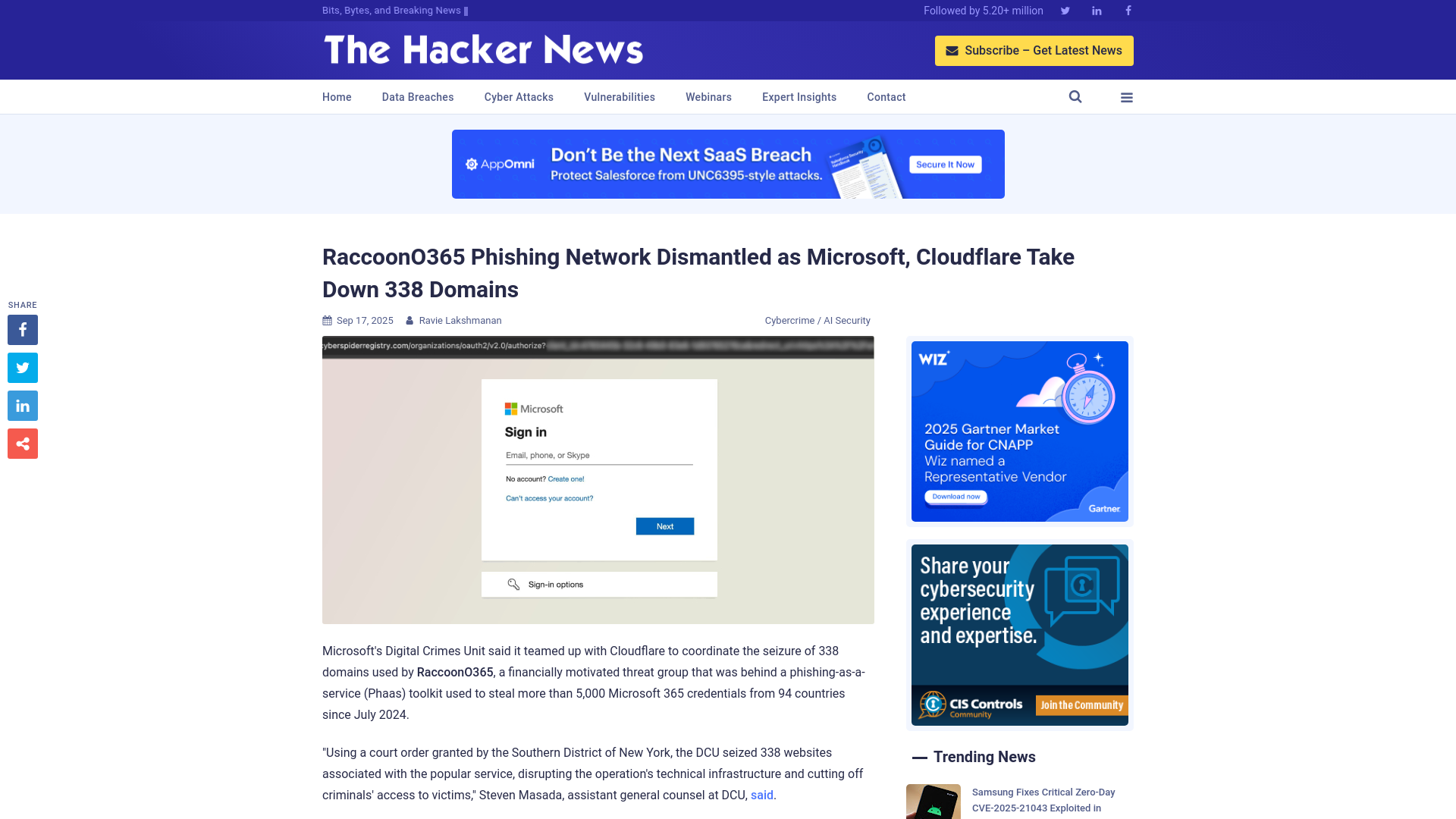 RaccoonO365 Phishing Network Dismantled as Microsoft, Cloudflare Take Down 338 Domains