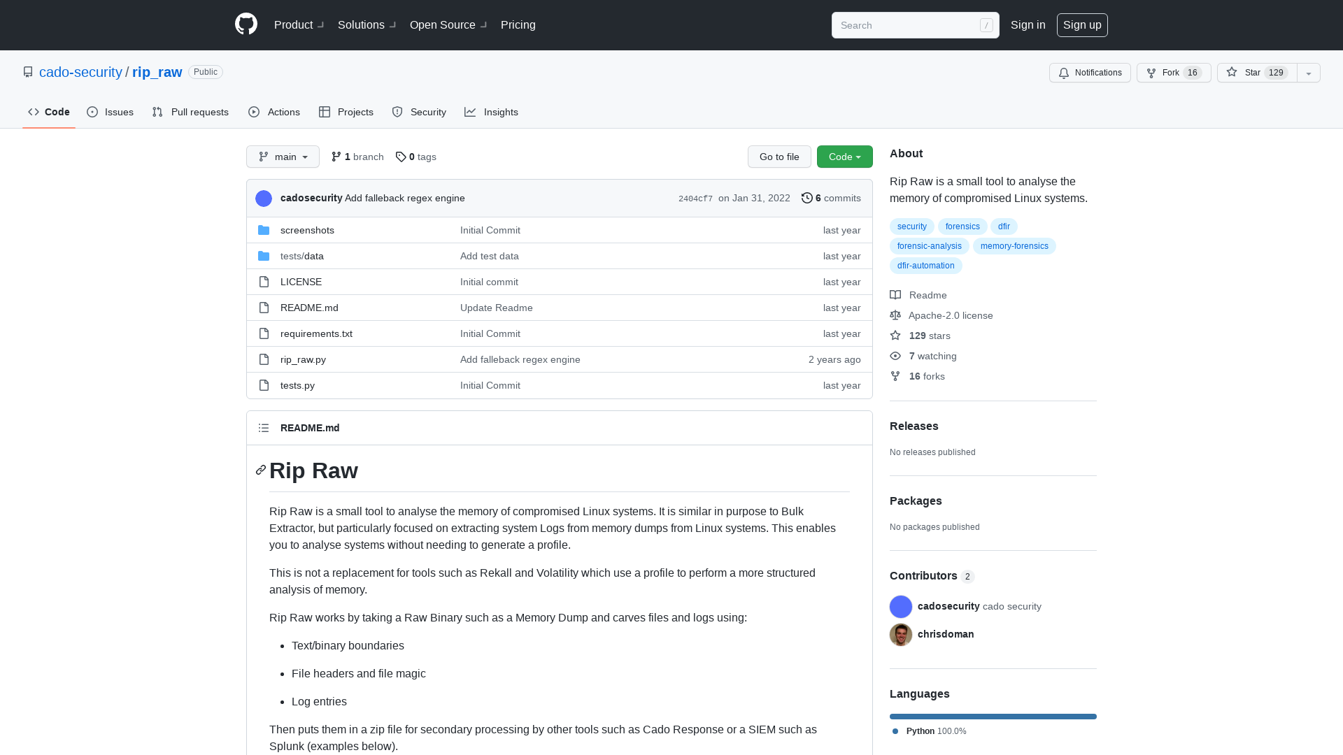 GitHub - cado-security/rip_raw: Rip Raw is a small tool to analyse the memory of compromised Linux systems.