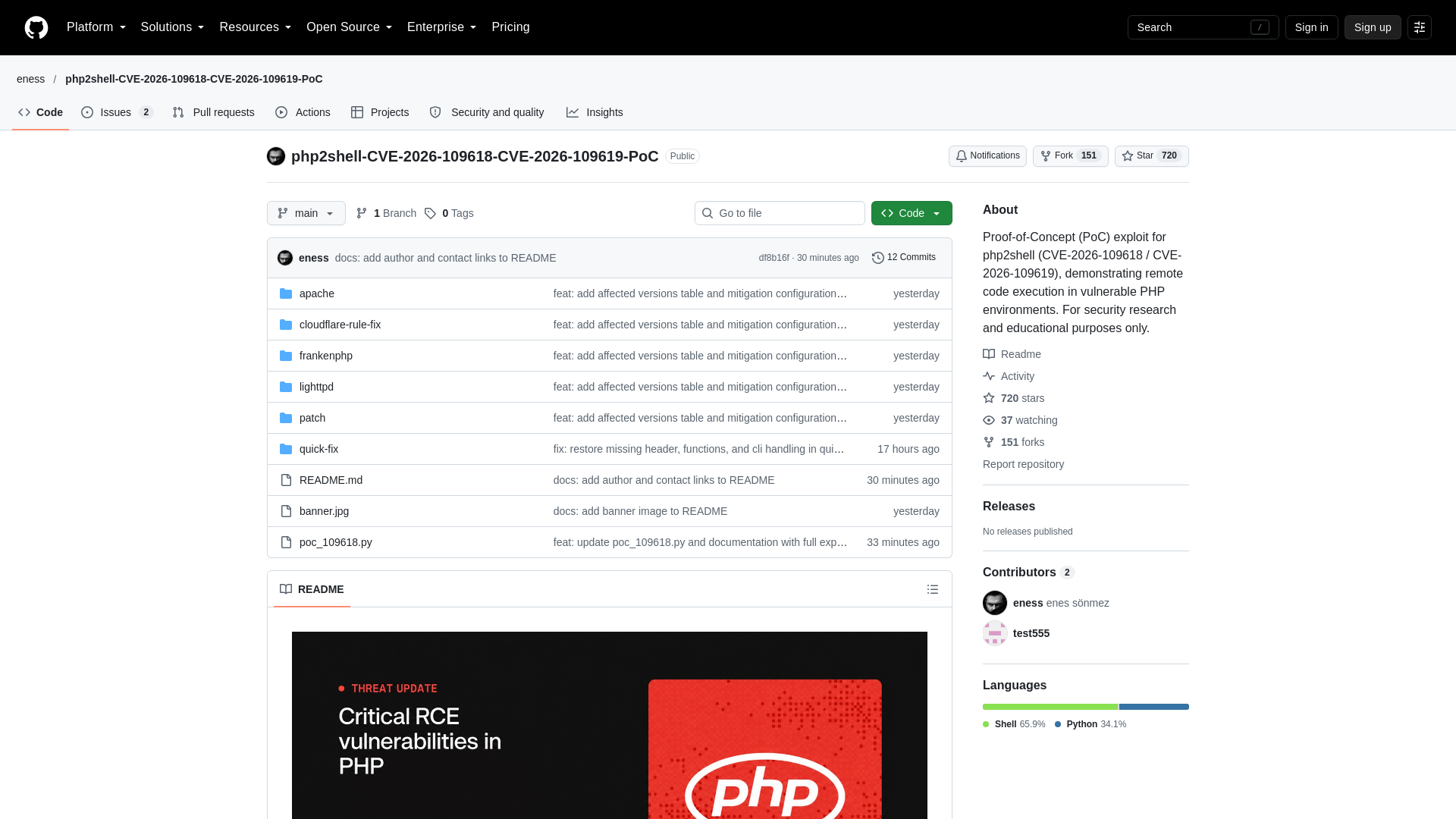 GitHub - eness/php2shell-CVE-2026-109618-CVE-2026-109619-PoC: Proof-of-Concept (PoC) exploit for php2shell (CVE-2026-109618 / CVE-2026-109619), demonstrating remote code execution in vulnerable PHP environments. For security research and educational purposes only. · GitHub