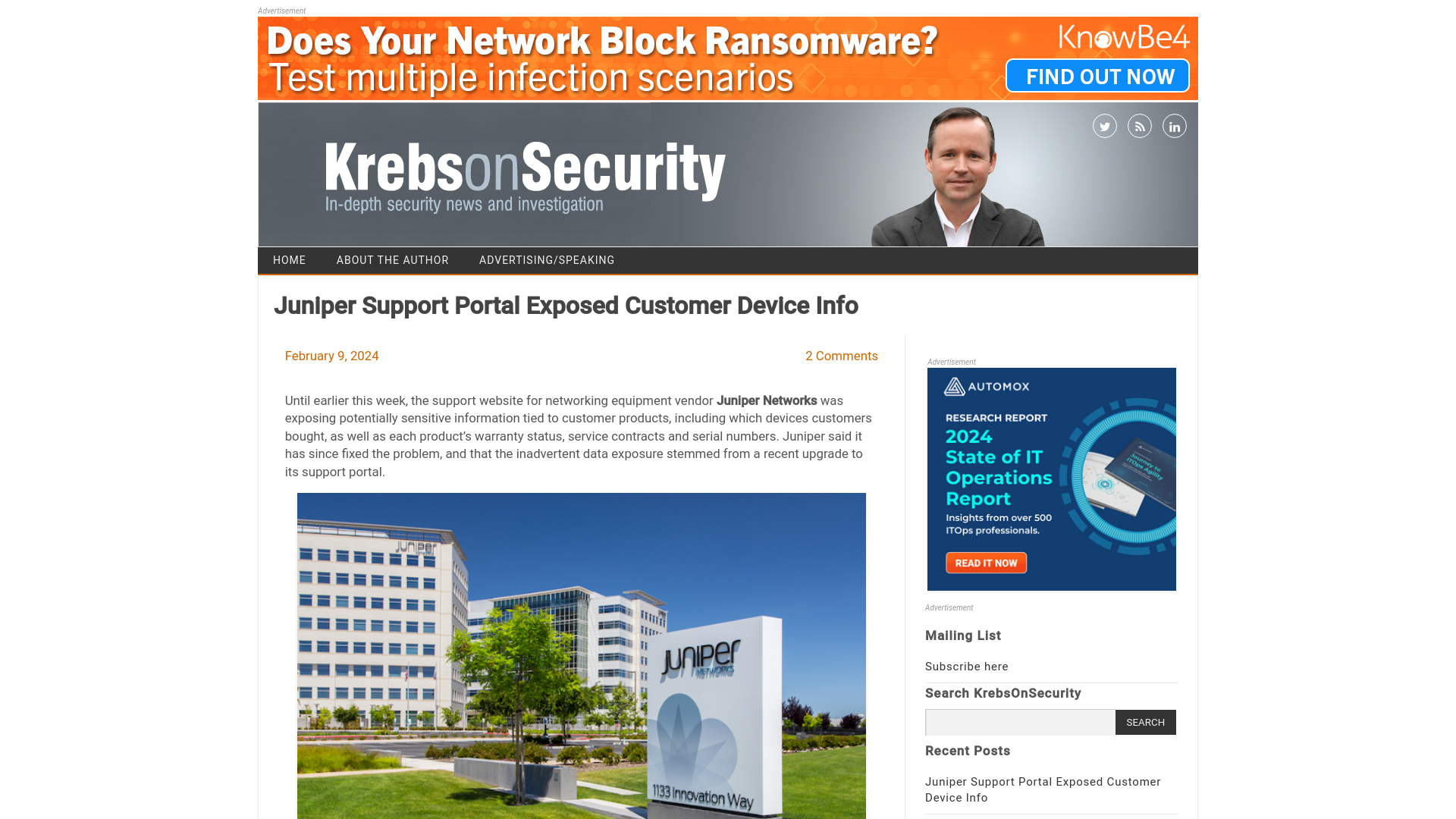 Juniper Support Portal Exposed Customer Device Info – Krebs on Security