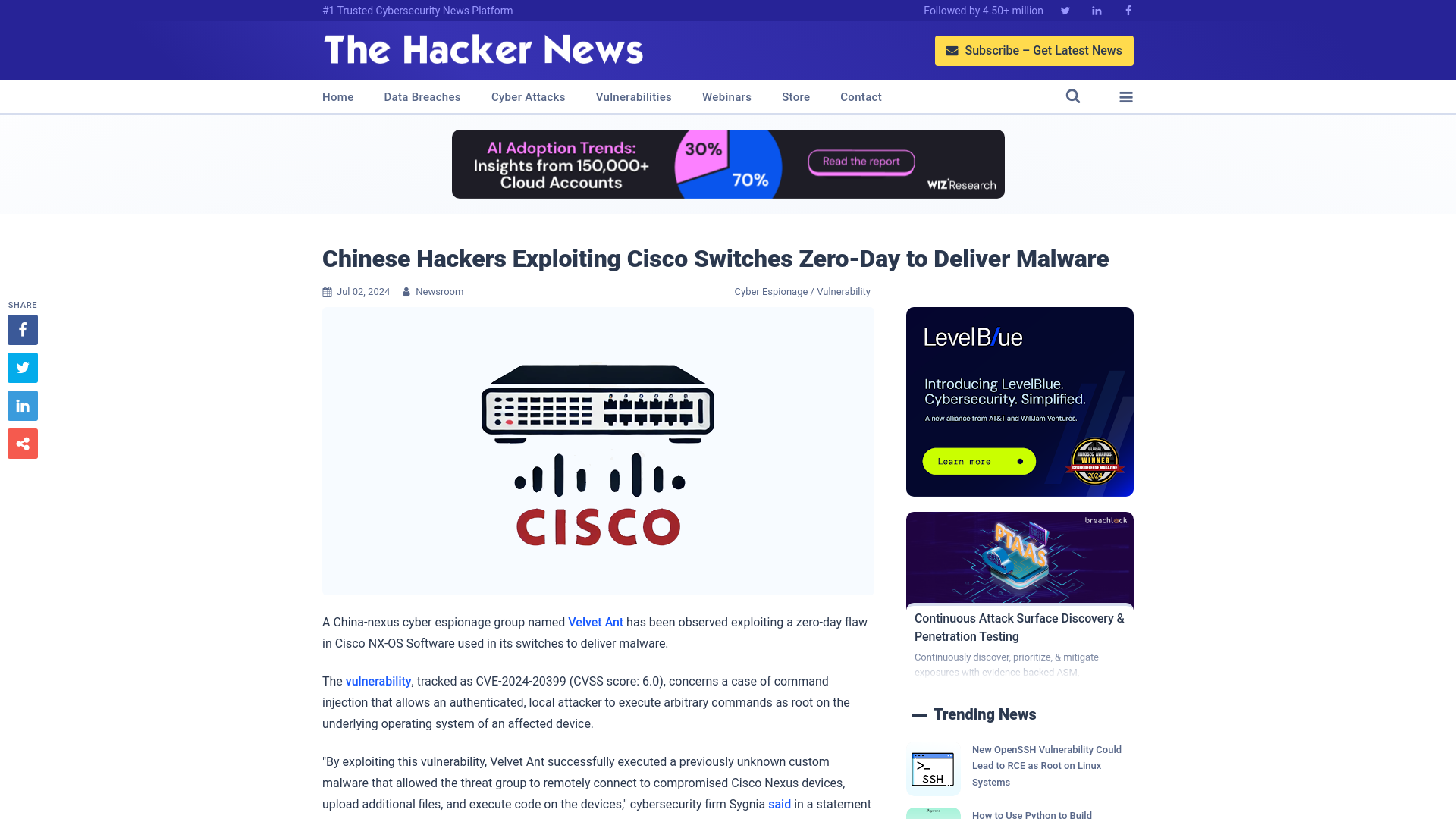 Chinese Hackers Exploiting Cisco Switches Zero-Day to Deliver Malware