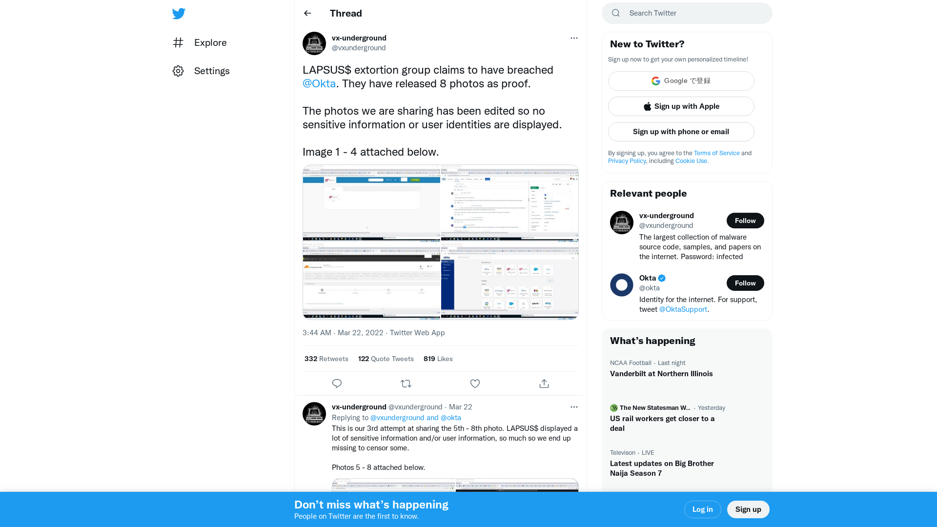 vx-underground on Twitter: "LAPSUS$ extortion group claims to have breached @Okta. They have released 8 photos as proof. The photos we are sharing has been edited so no sensitive information or user identities are displayed. Image 1 - 4 attached below. https://t.co/nR8V56dLu2" / Twitter