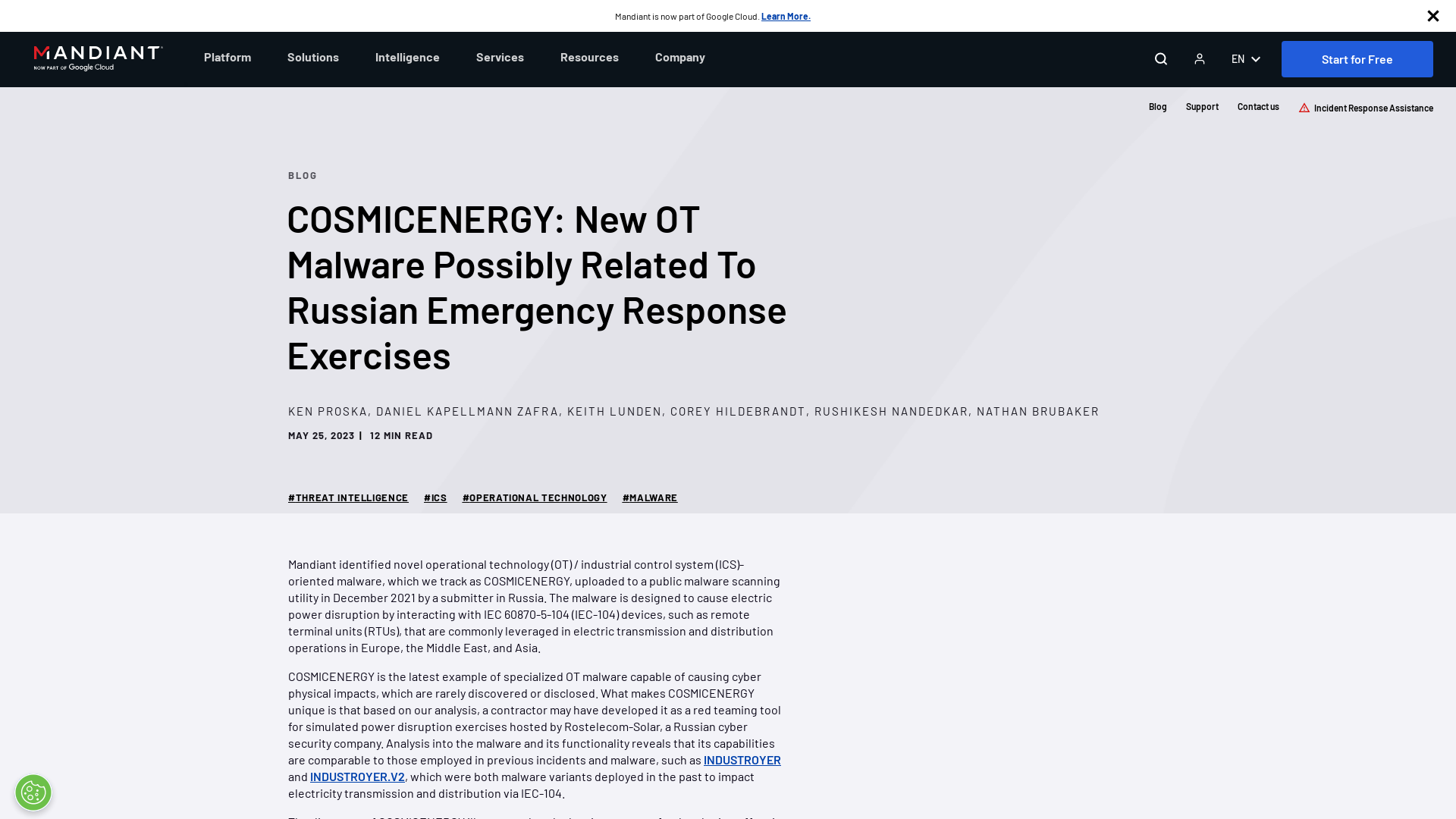 COSMICENERGY: New OT Malware Possibly Related To Russian Emergency Response Exercises | Mandiant