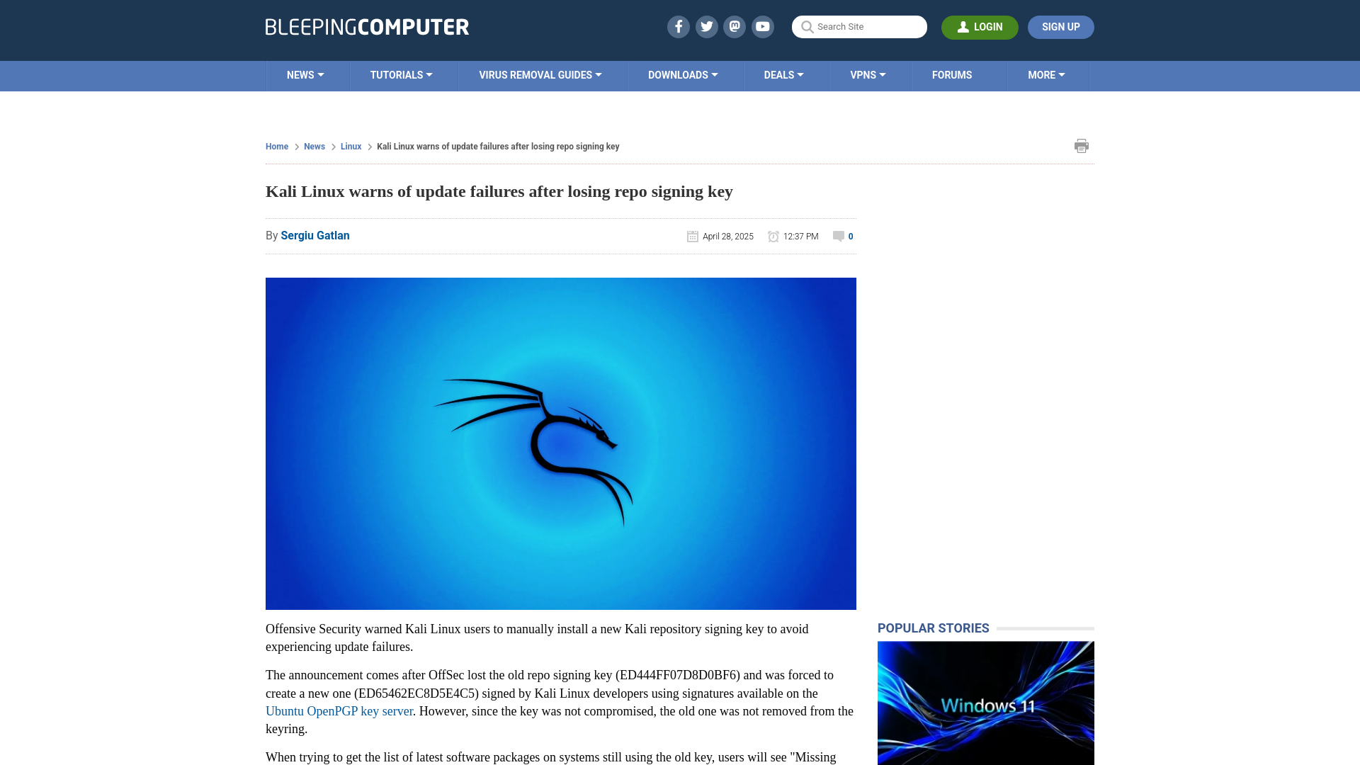 Kali Linux warns of update failures after losing repo signing key