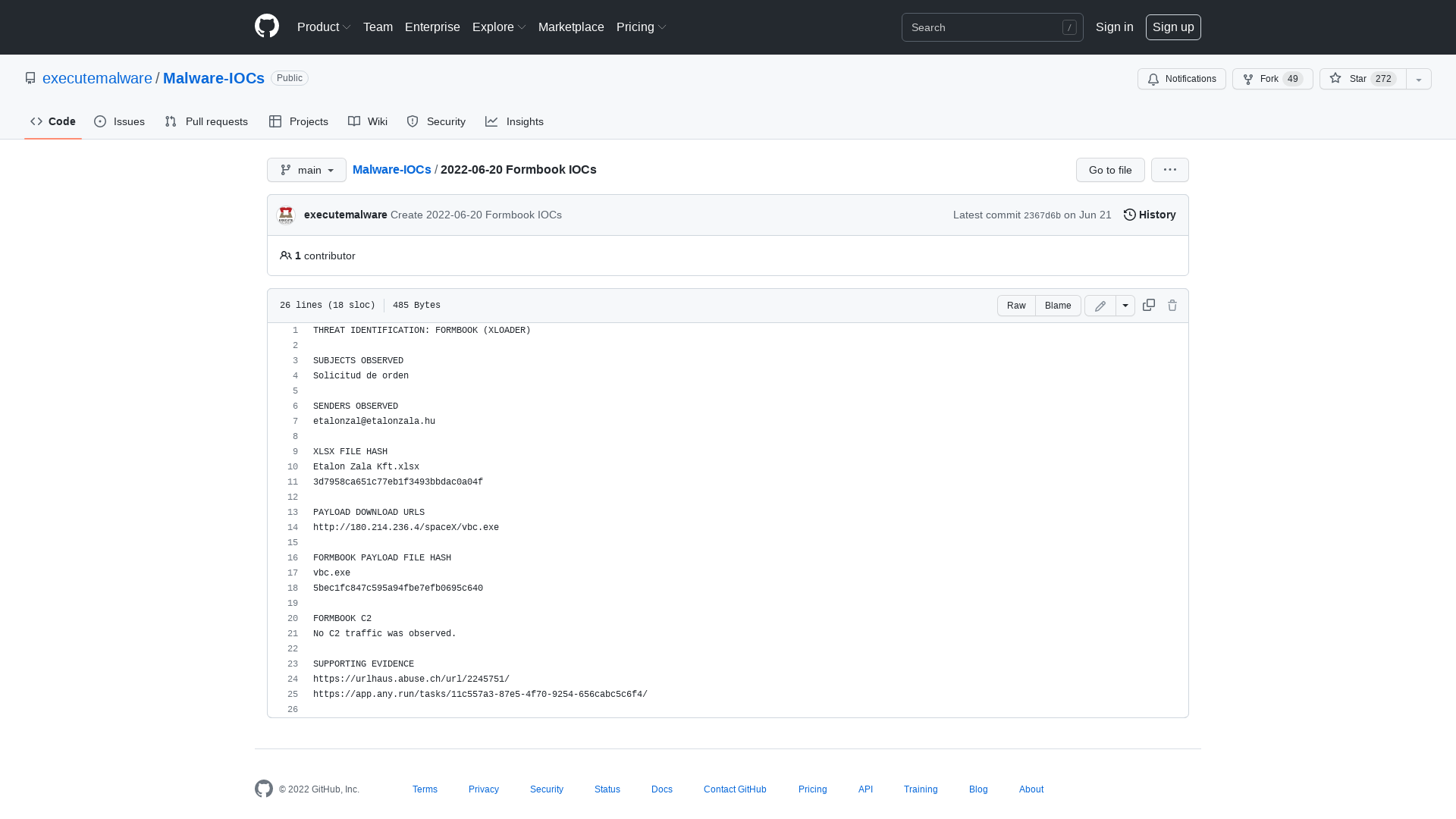 Malware-IOCs/2022-06-20 Formbook IOCs at main · executemalware/Malware-IOCs · GitHub