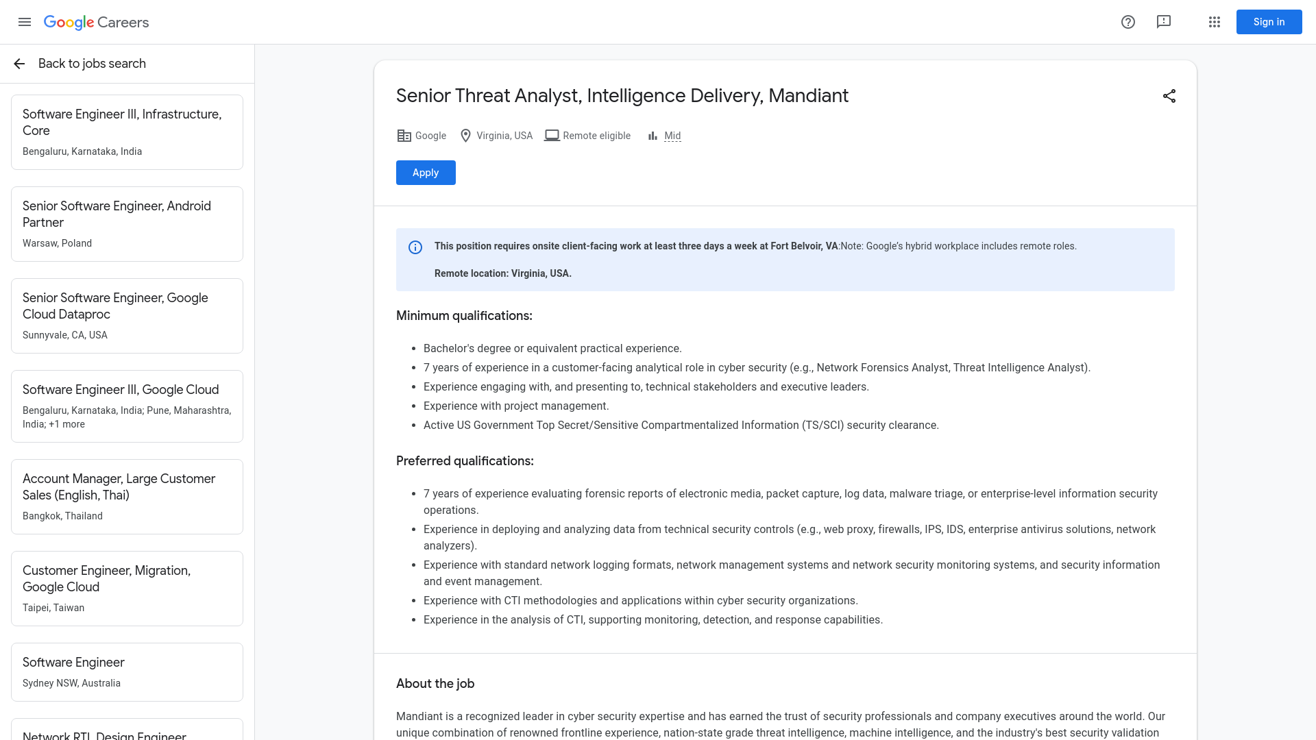 Senior Threat Analyst, Intelligence Delivery, Mandiant — Google Careers
