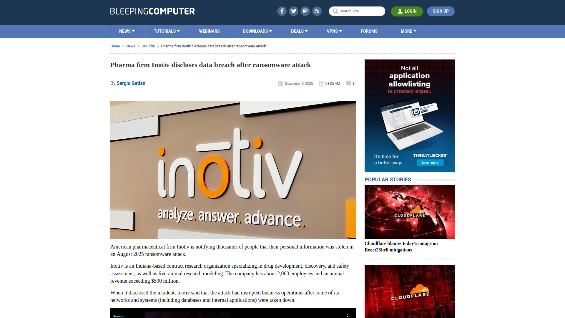 Pharma firm Inotiv discloses data breach after ransomware attack