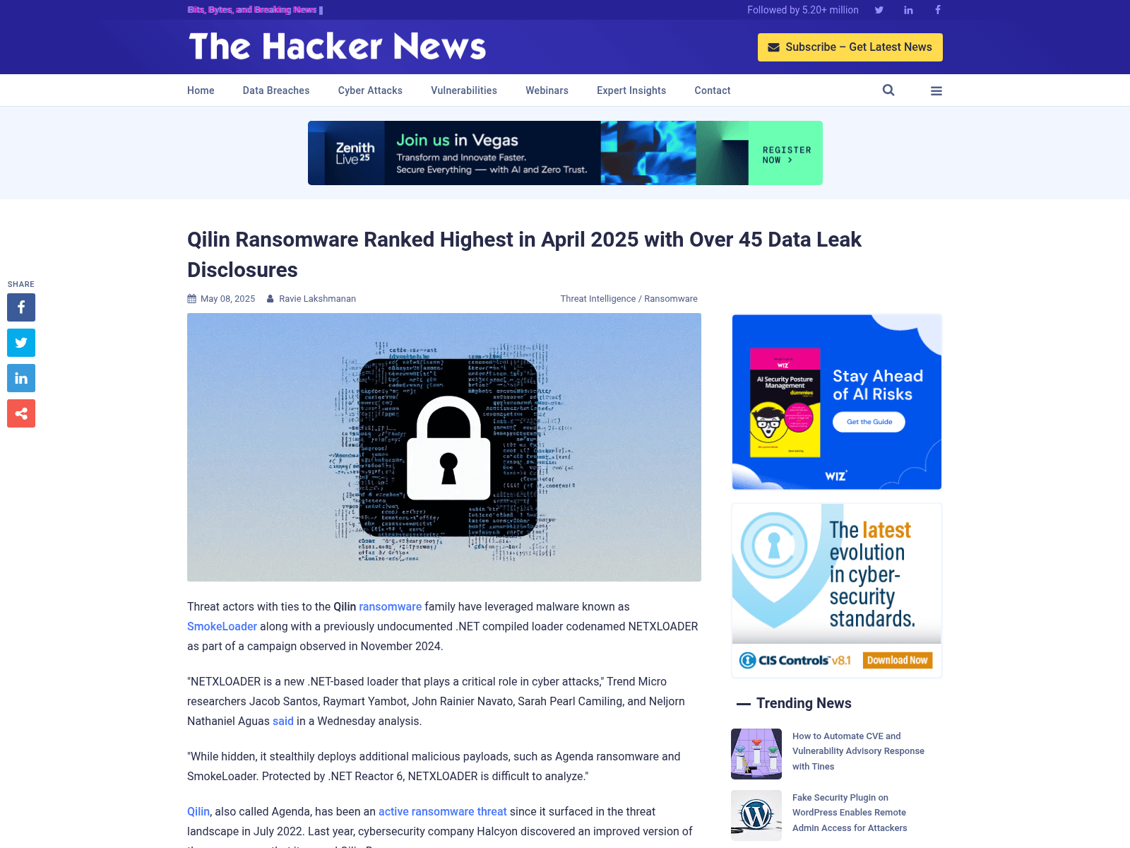 Qilin Ransomware Ranked Highest in April 2025 with Over 45 Data Leak Disclosures