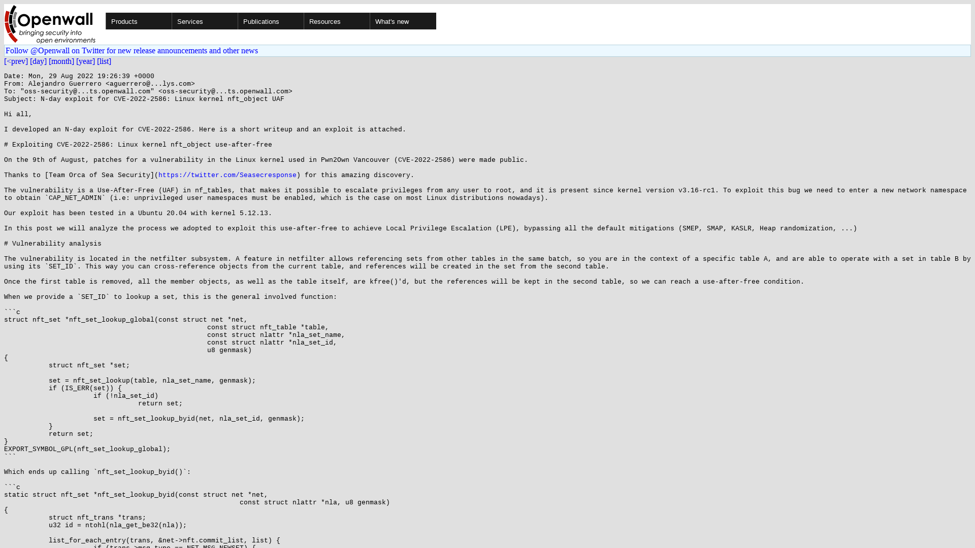 oss-security - N-day exploit for CVE-2022-2586: Linux kernel nft_object UAF