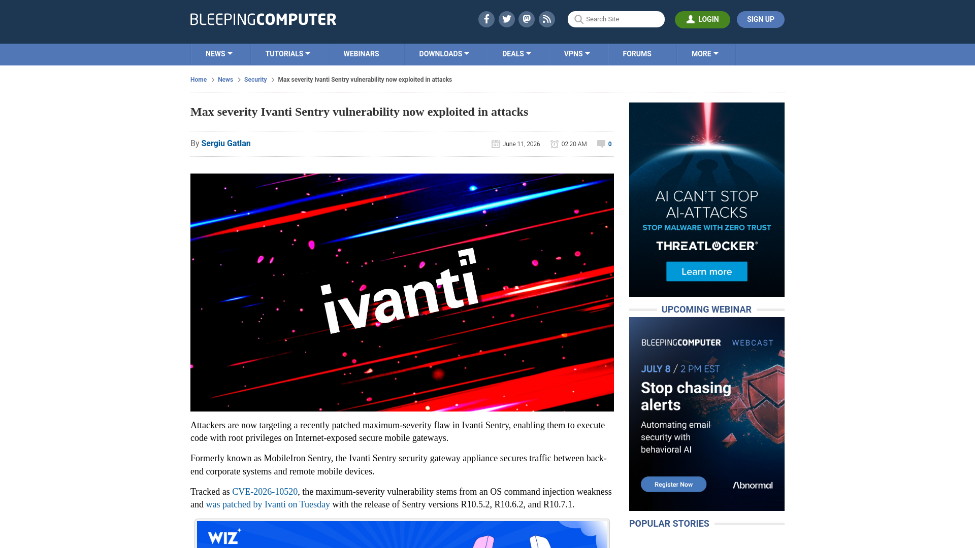 Max severity Ivanti Sentry vulnerability now exploited in attacks