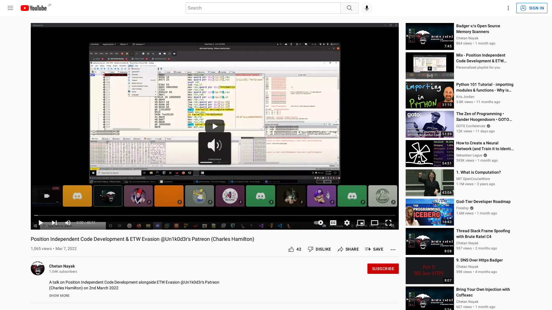 Position Independent Code Development & ETW Evasion @Un1k0d3r's Patreon (Charles Hamilton) - YouTube