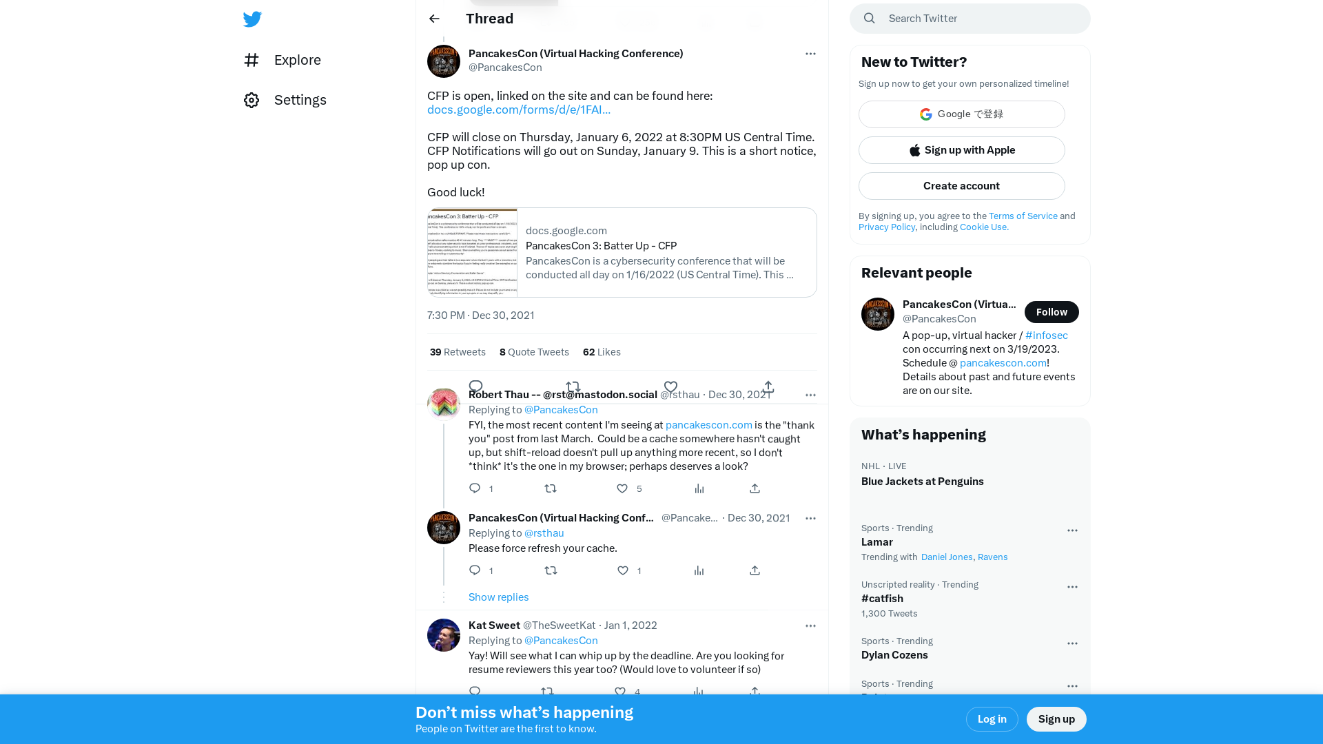 PancakesCon (Virtual Hacking Conference) on Twitter: "CFP is open, linked on the site and can be found here: https://t.co/tZzZS1ddMS CFP will close on Thursday, January 6, 2022 at 8:30PM US Central Time. CFP Notifications will go out on Sunday, January 9. This is a short notice, pop up con. Good luck!" / Twitter