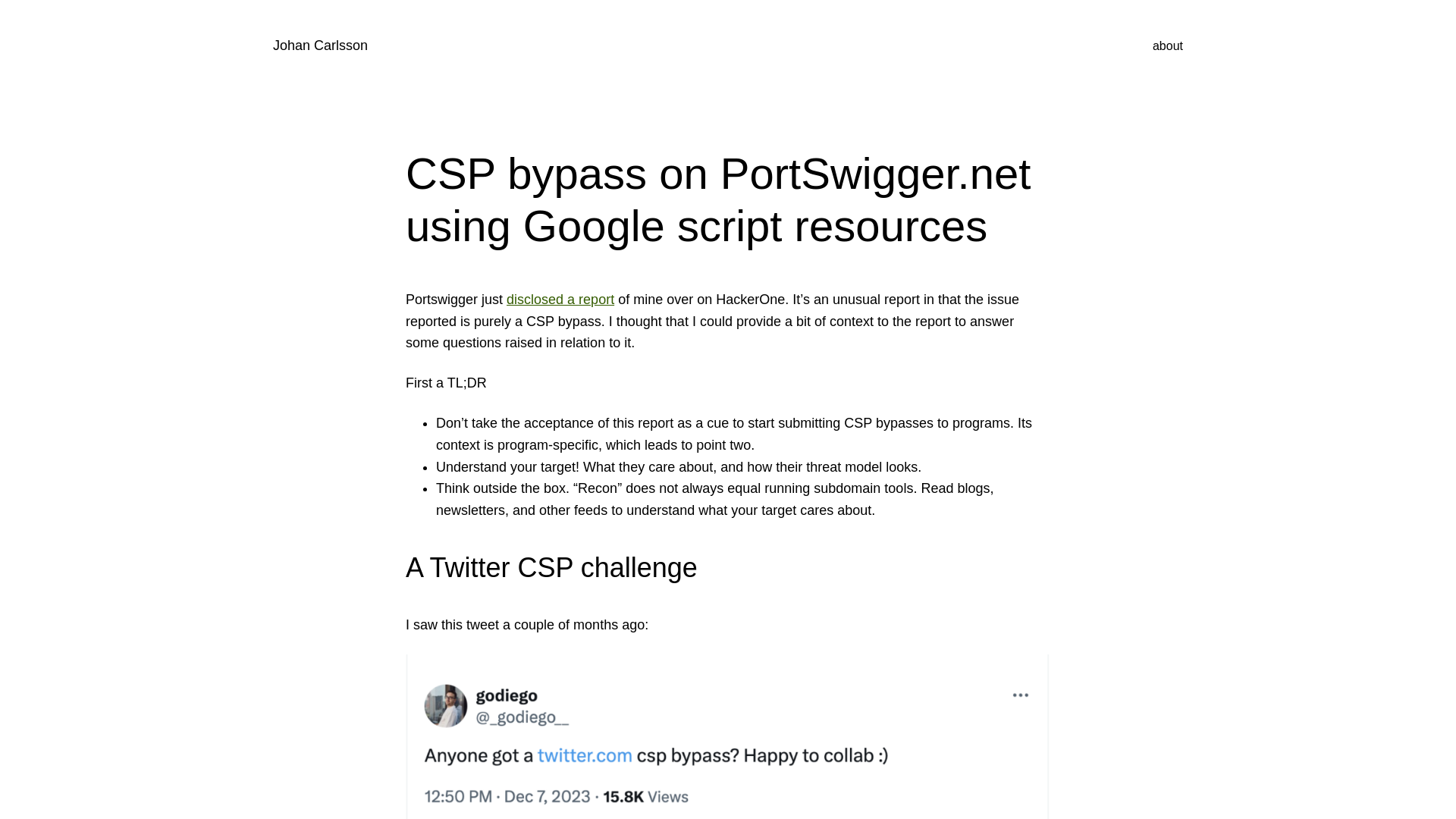 CSP bypass on PortSwigger.net using Google script resources - Johan Carlsson