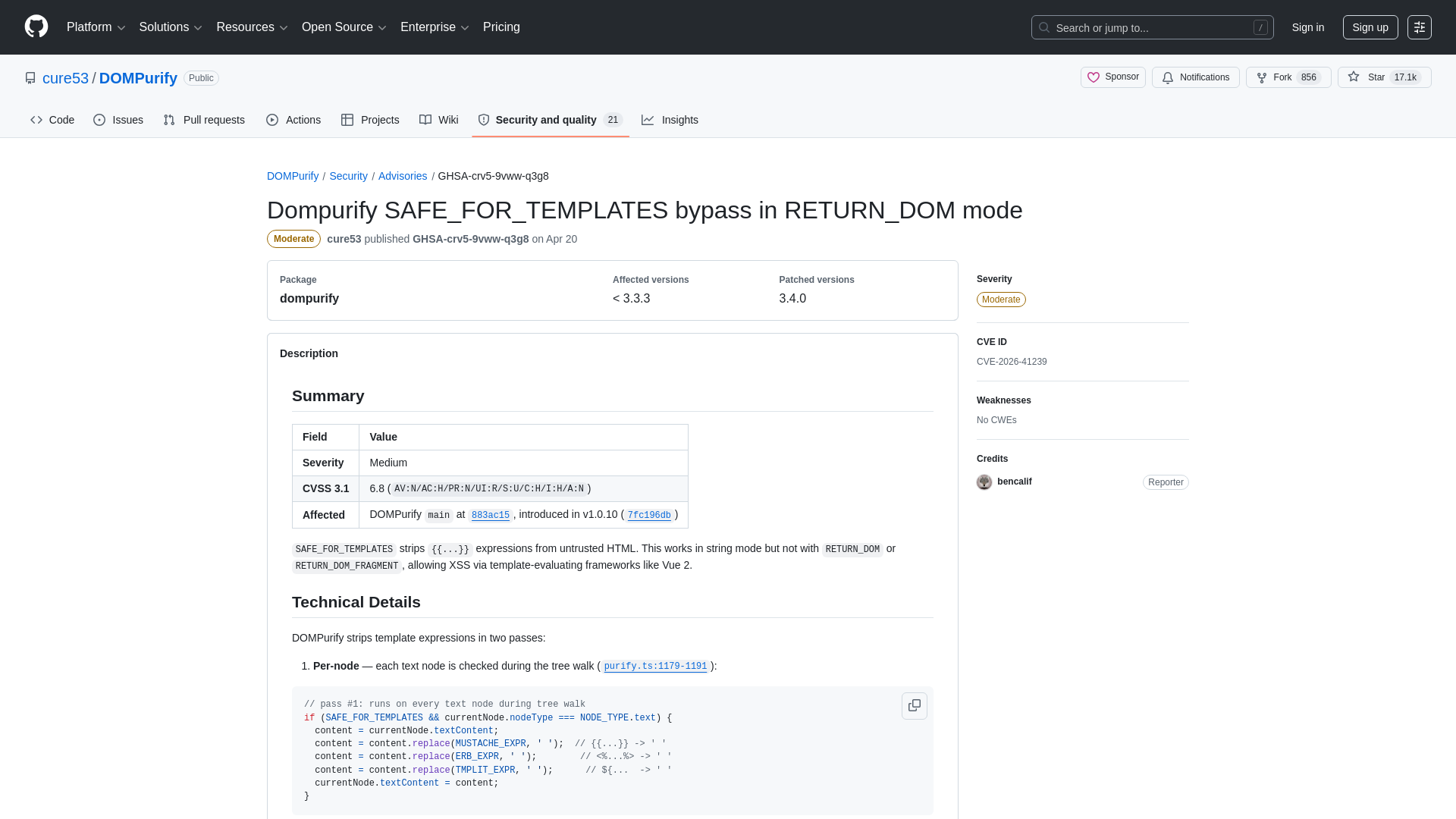 Dompurify SAFE_FOR_TEMPLATES bypass in RETURN_DOM mode · Advisory · cure53/DOMPurify · GitHub