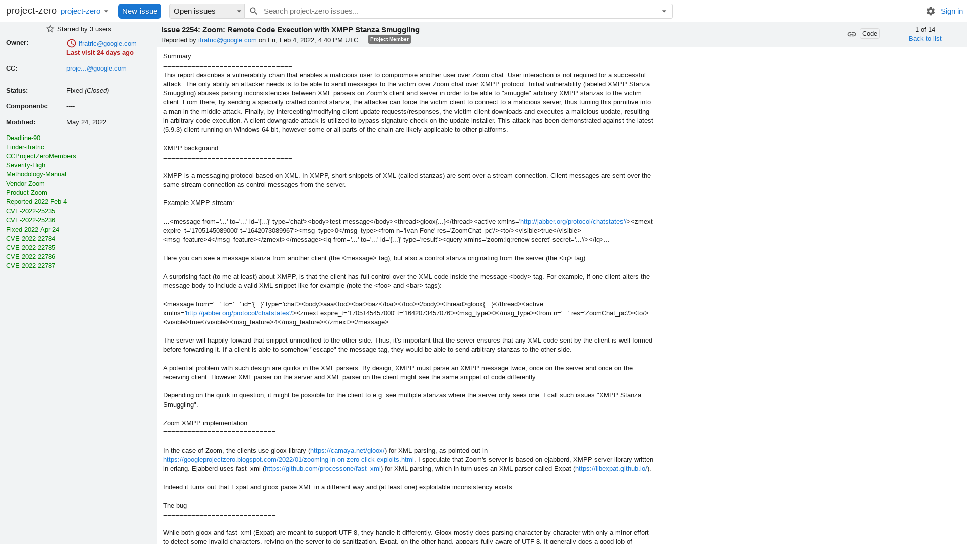 2254 - Zoom: Remote Code Execution with XMPP Stanza Smuggling - project-zero