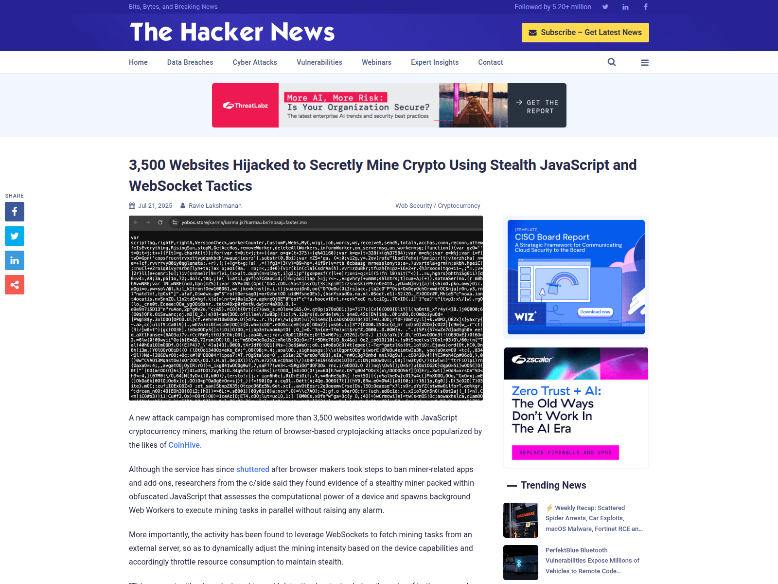 3,500 Websites Hijacked to Secretly Mine Crypto Using Stealth JavaScript and WebSocket Tactics