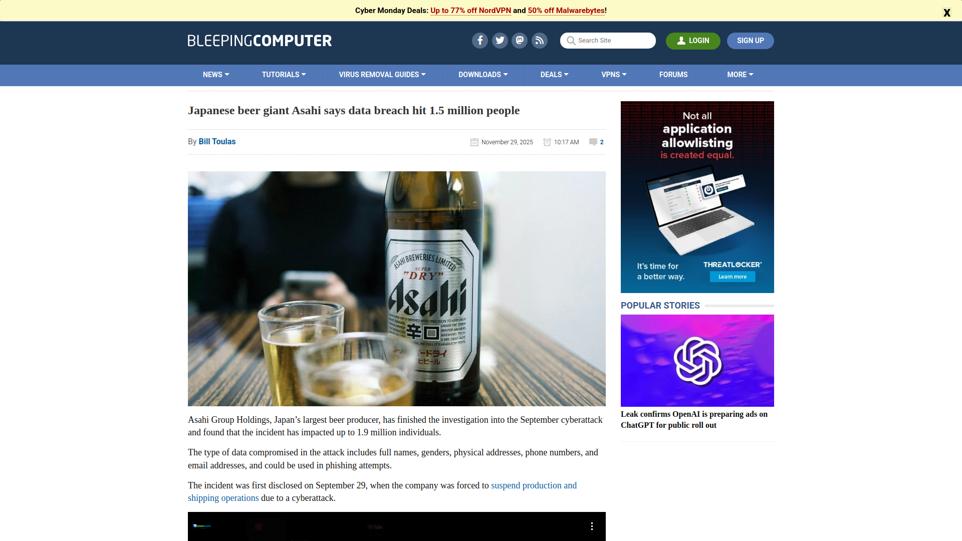 Japanese beer giant Asahi says data breach hit 1.5 million people