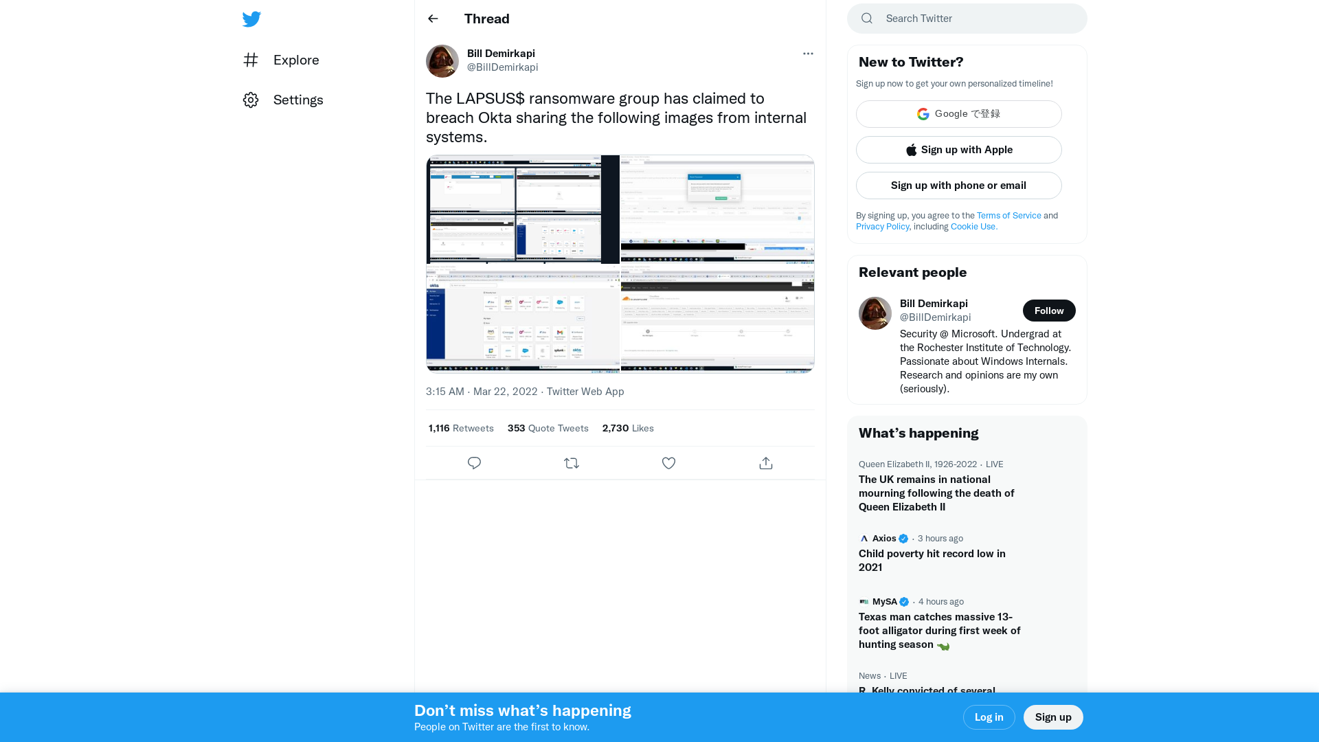Bill Demirkapi on Twitter: "The LAPSUS$ ransomware group has claimed to breach Okta sharing the following images from internal systems. https://t.co/eTtpgRzer7" / Twitter