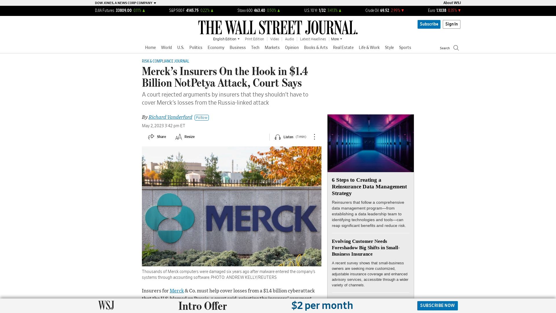 Merck’s Insurers On the Hook in $1.4 Billion NotPetya Attack, Court Says - WSJ