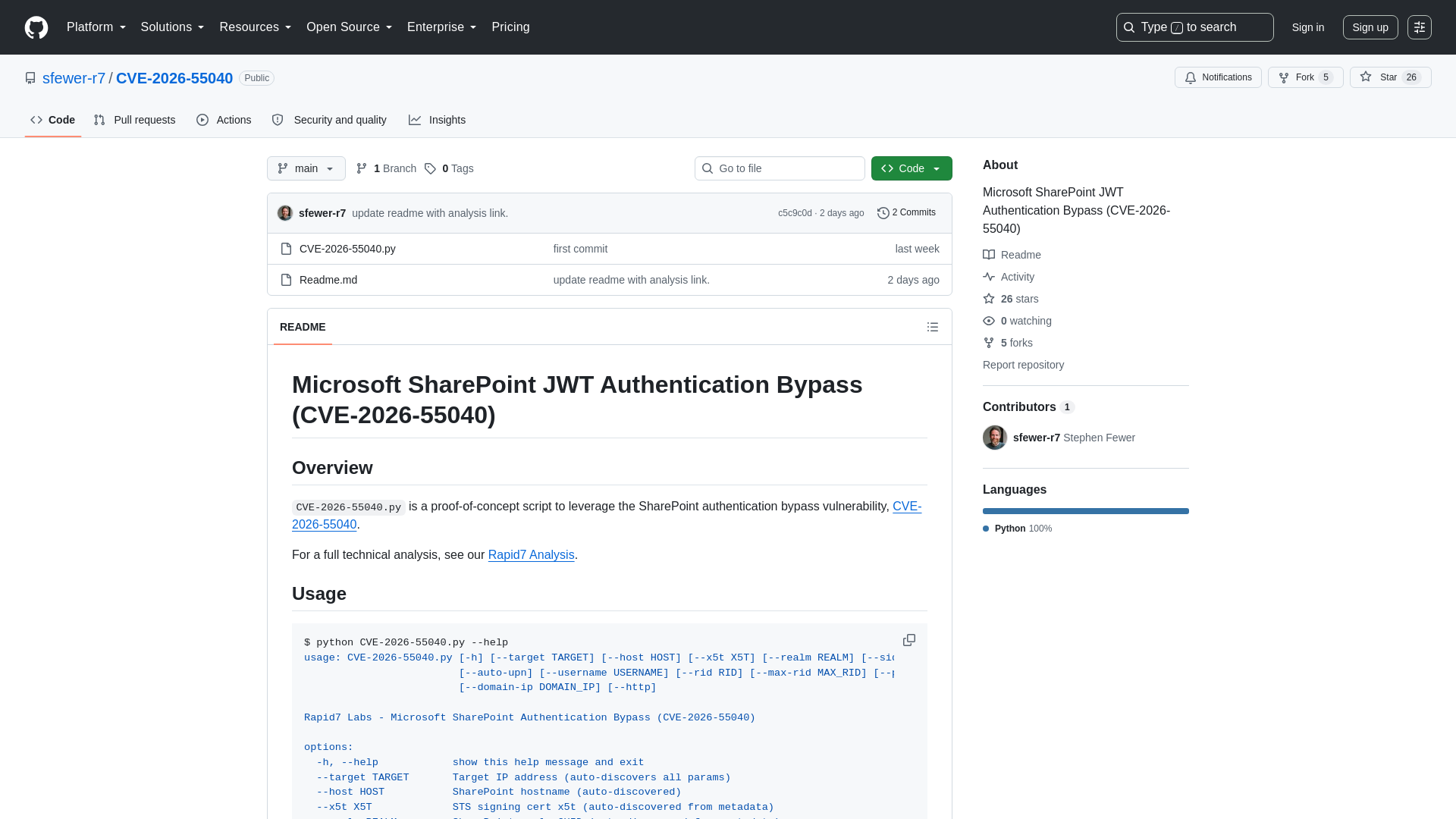 GitHub - sfewer-r7/CVE-2026-55040: Microsoft SharePoint JWT Authentication Bypass (CVE-2026-55040) · GitHub