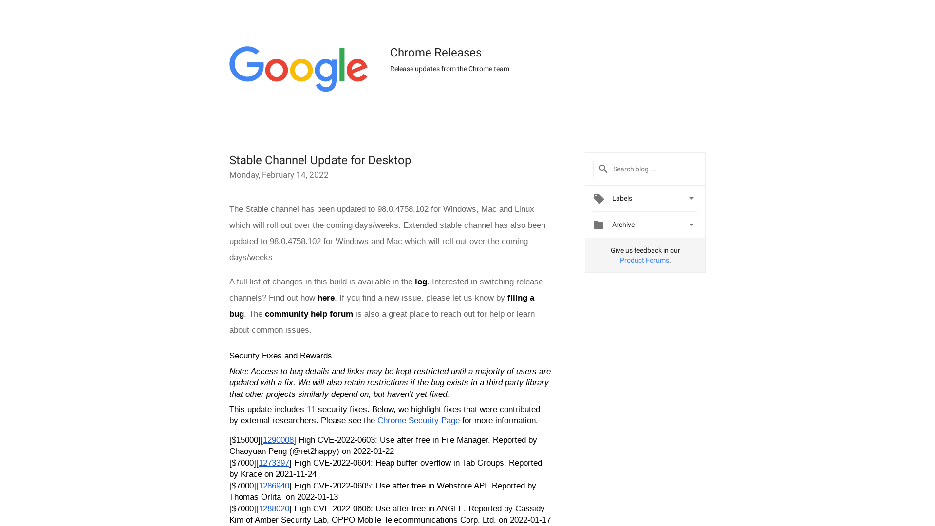 Chrome Releases: Stable Channel Update for Desktop