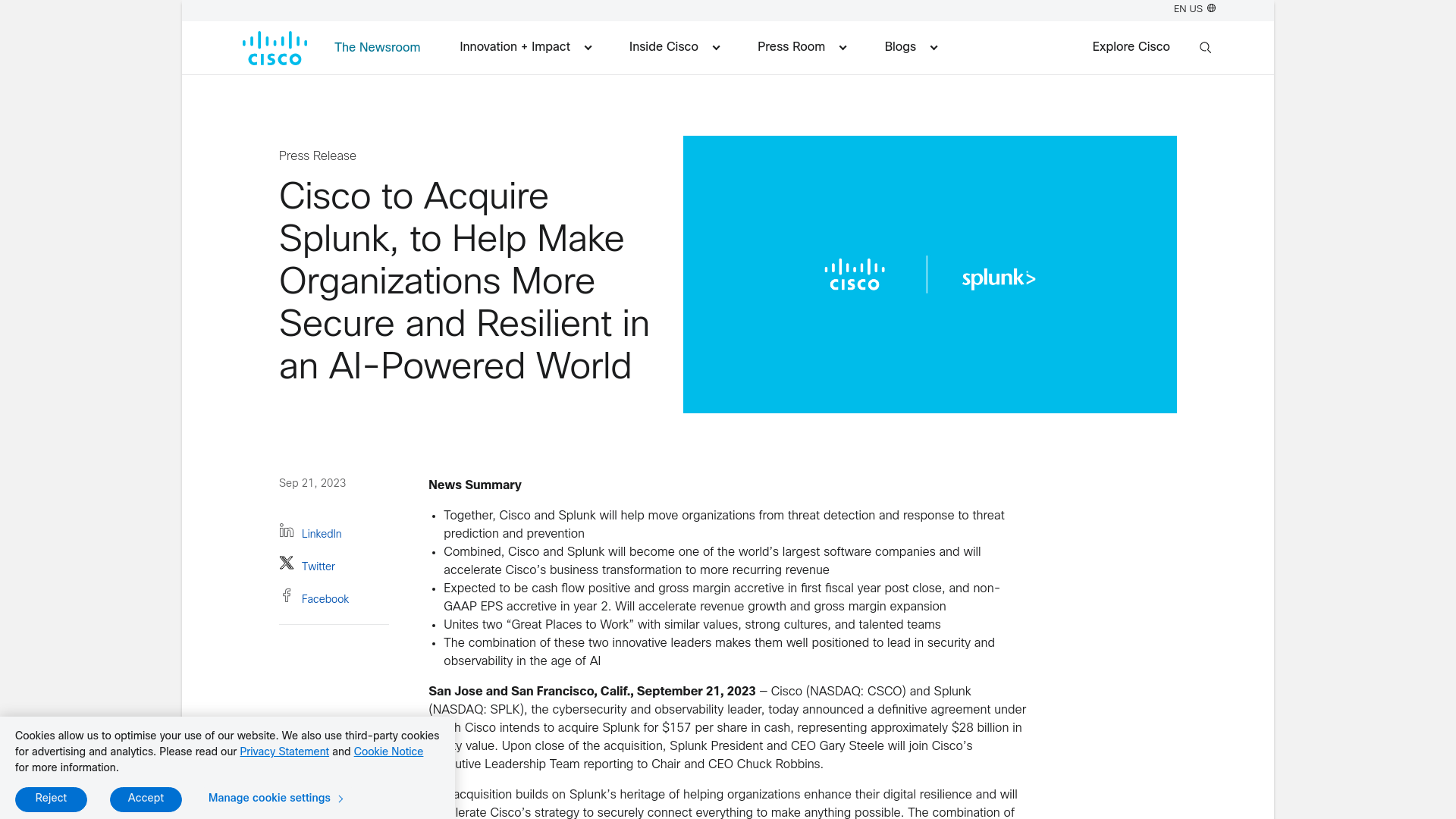 Cisco to Acquire Splunk, to Help Make Organizations More Secure and Resilient in an AI-Powered World