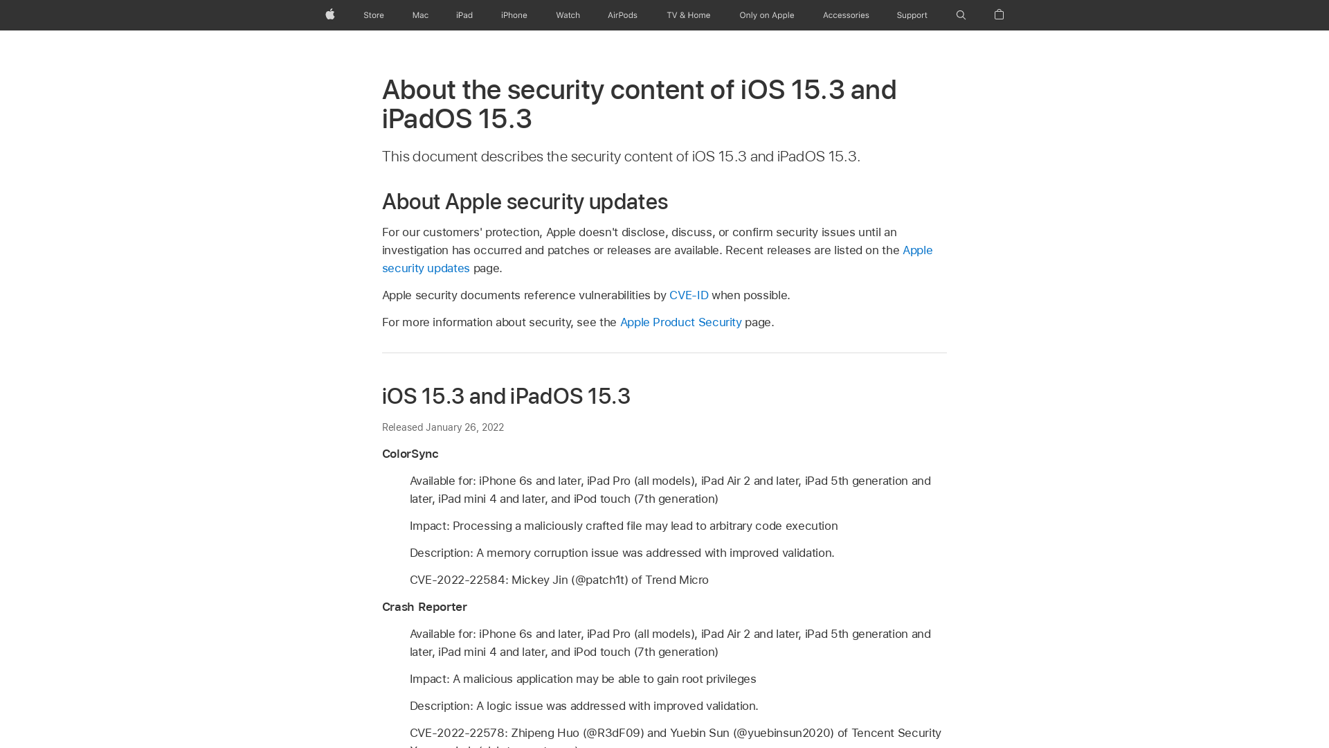 About the security content of iOS 15.3 and iPadOS 15.3 - Apple Support