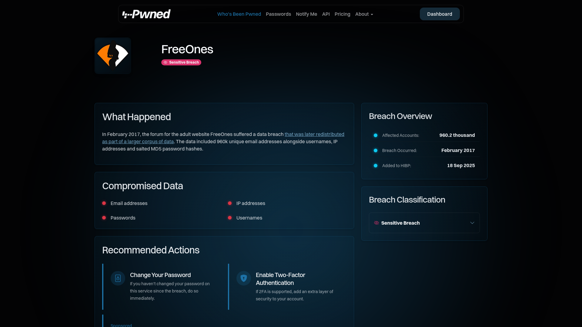 Have I Been Pwned: FreeOnes Data Breach