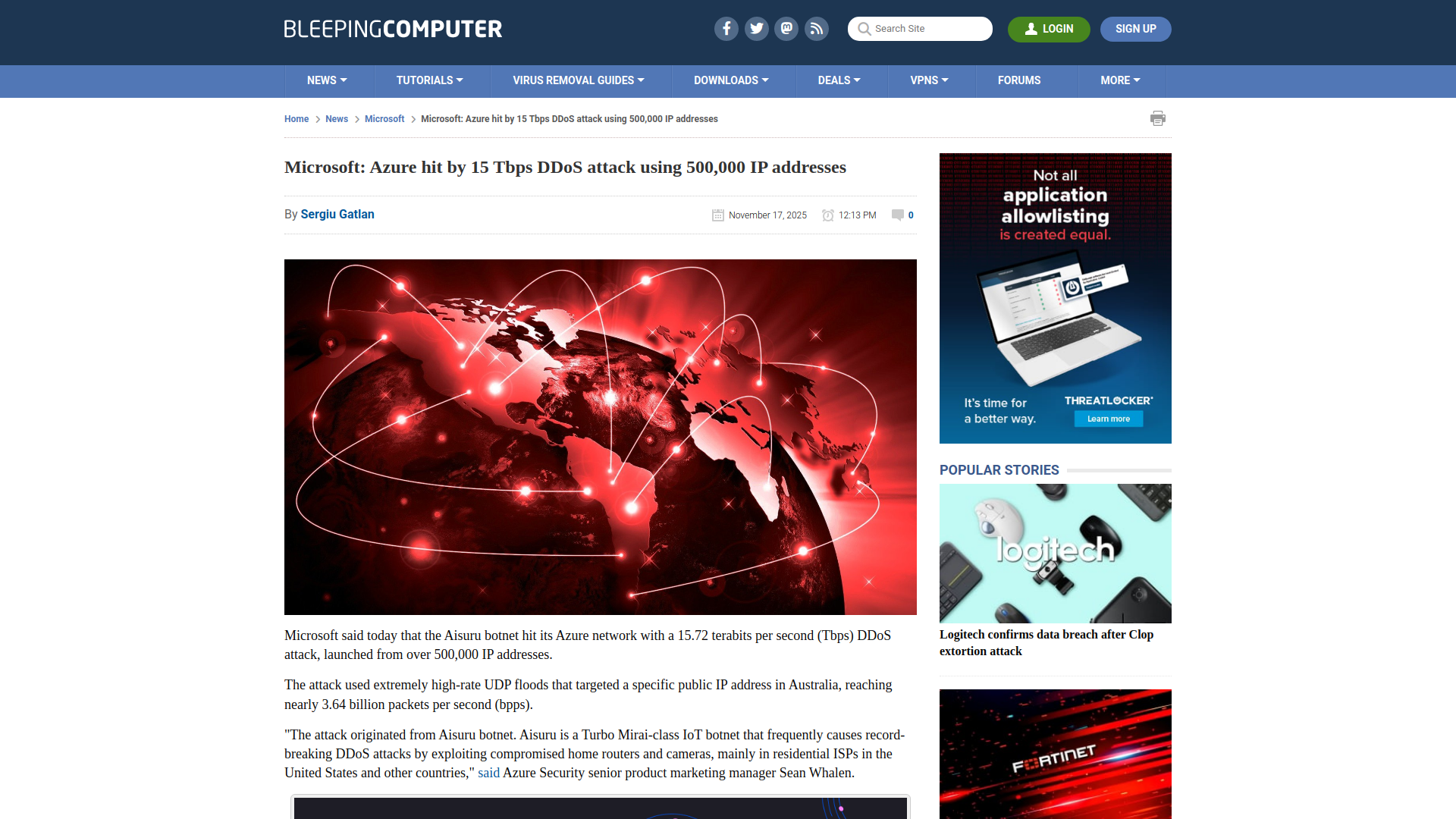 Microsoft: Azure hit by 15 Tbps DDoS attack using 500,000 IP addresses