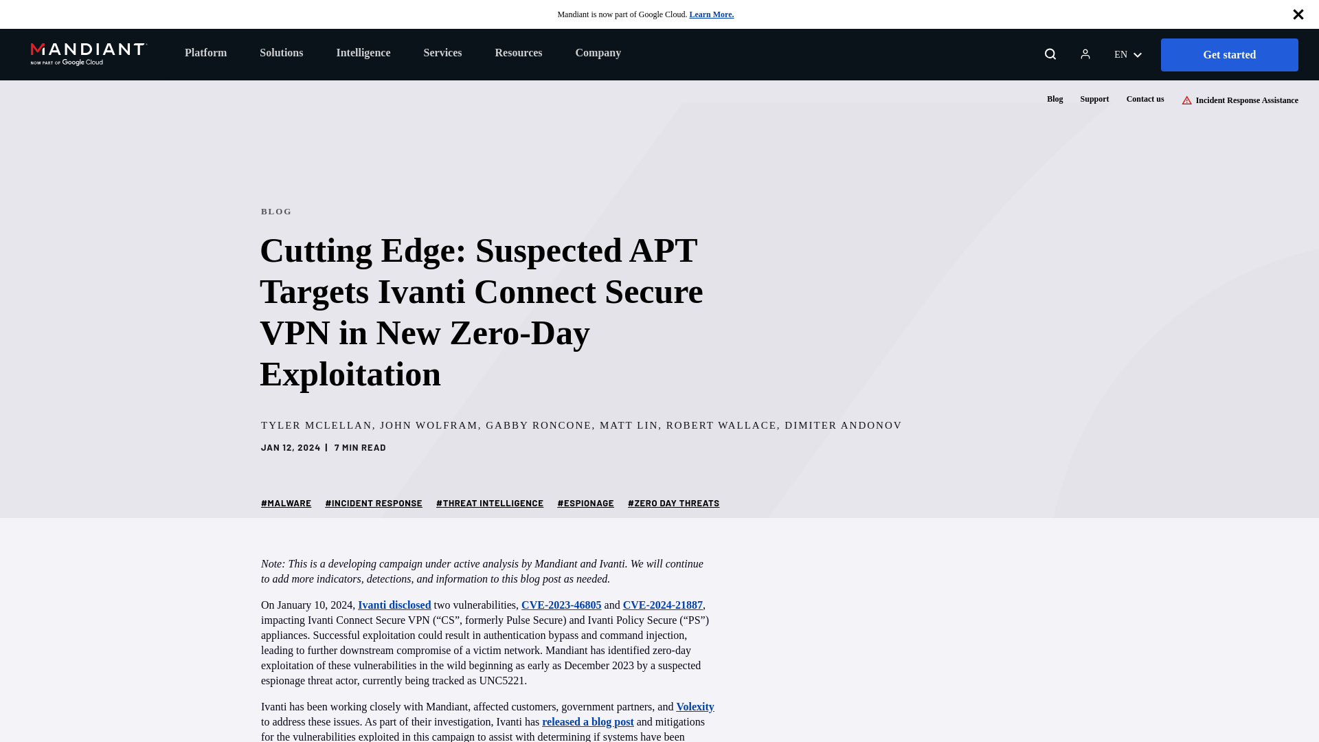 Cutting Edge: Suspected APT Targets Ivanti Connect Secure VPN in New Zero-Day Exploitation | Mandiant