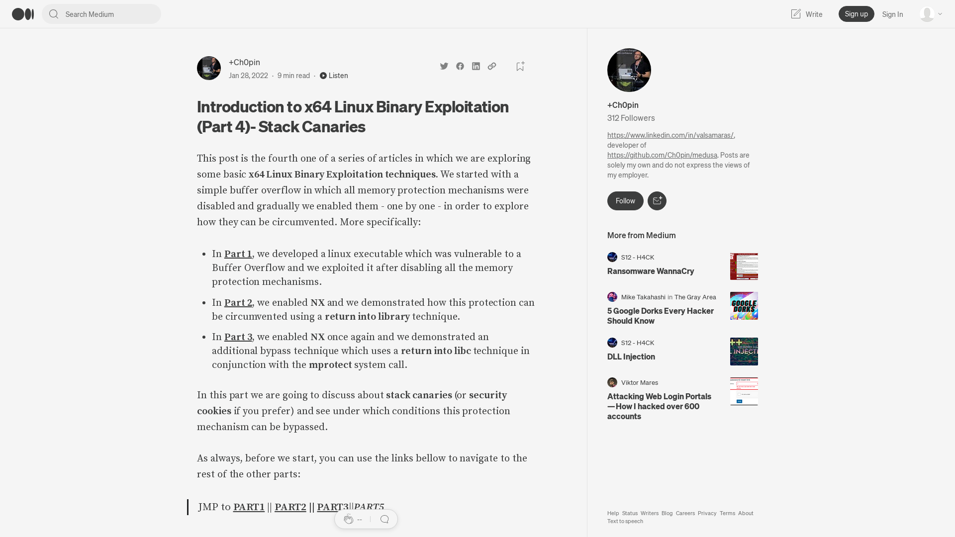 Introduction to x64 Linux Binary Exploitation (Part 4)- Stack Canaries | by +Ch0pin🕷️ | Medium