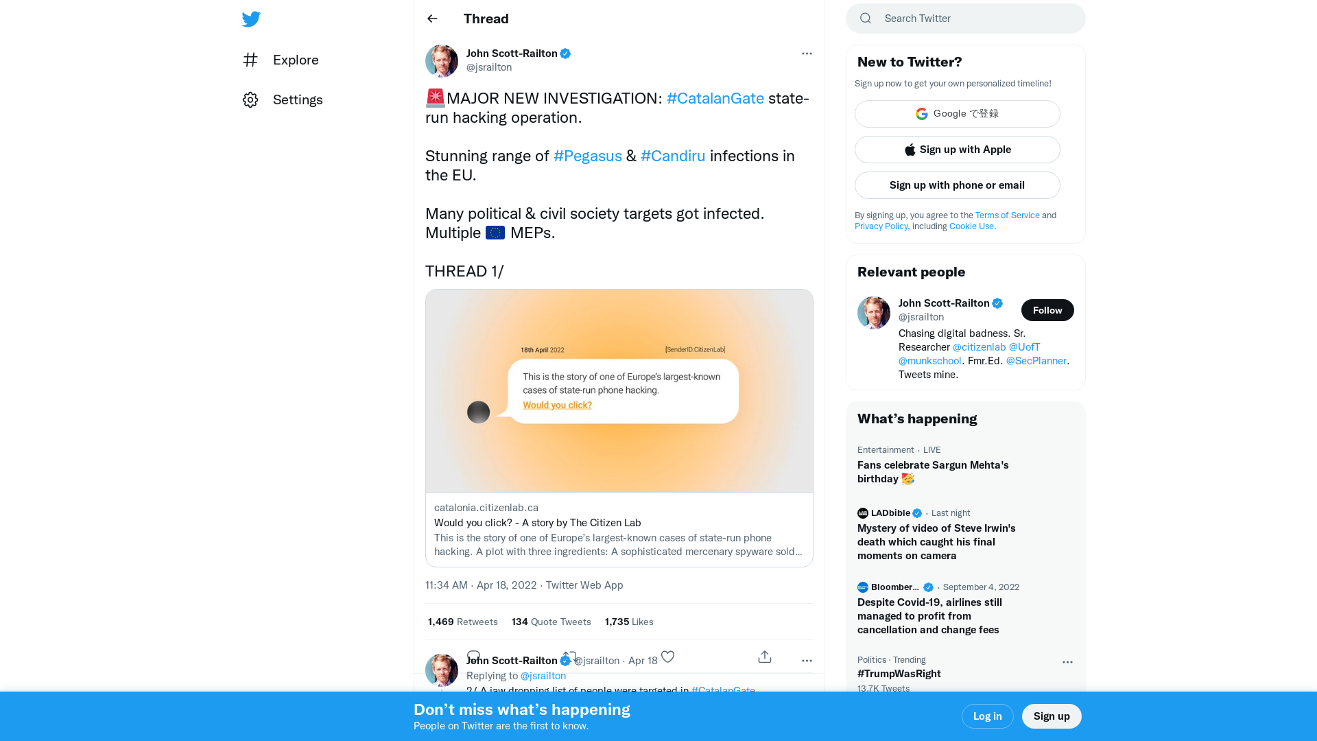 John Scott-Railton on Twitter: "🚨MAJOR NEW INVESTIGATION: #CatalanGate state-run hacking operation. Stunning range of #Pegasus &amp; #Candiru infections in the EU. Many political &amp; civil society targets got infected. Multiple 🇪🇺 MEPs. THREAD 1/ https://t.co/7JW7XRoDHu" / Twitter