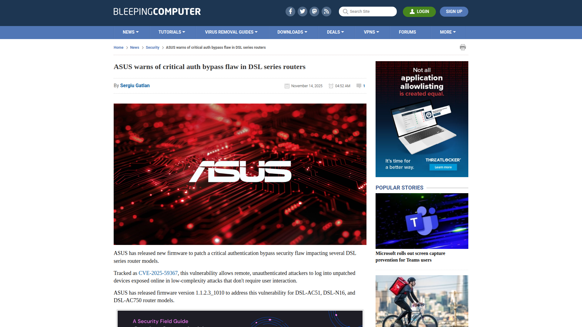 ASUS warns of critical auth bypass flaw in DSL series routers