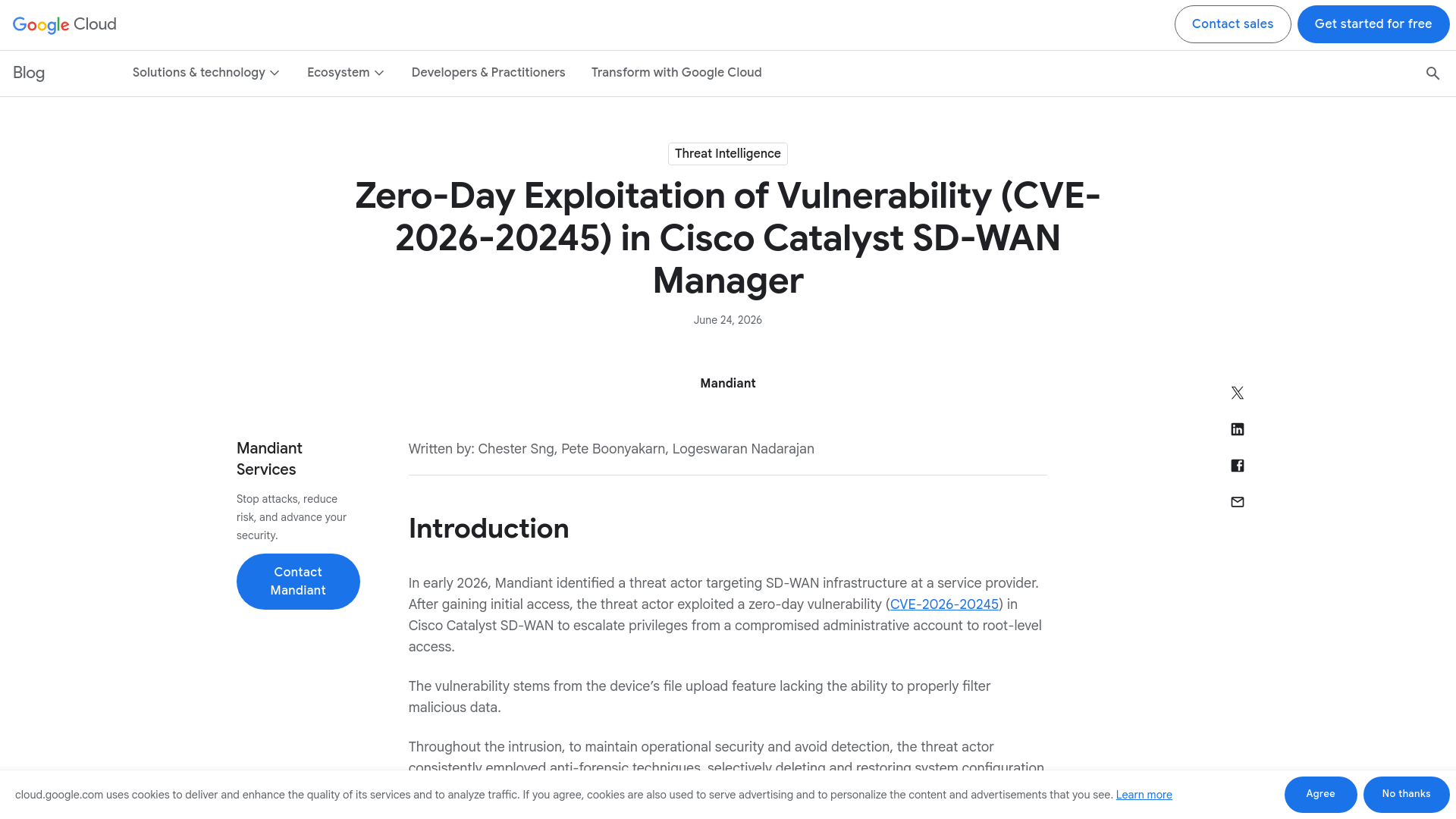 Zero-Day Exploitation of Vulnerability (CVE-2026-20245) in Cisco Catalyst SD-WAN Manager | Google Cloud Blog