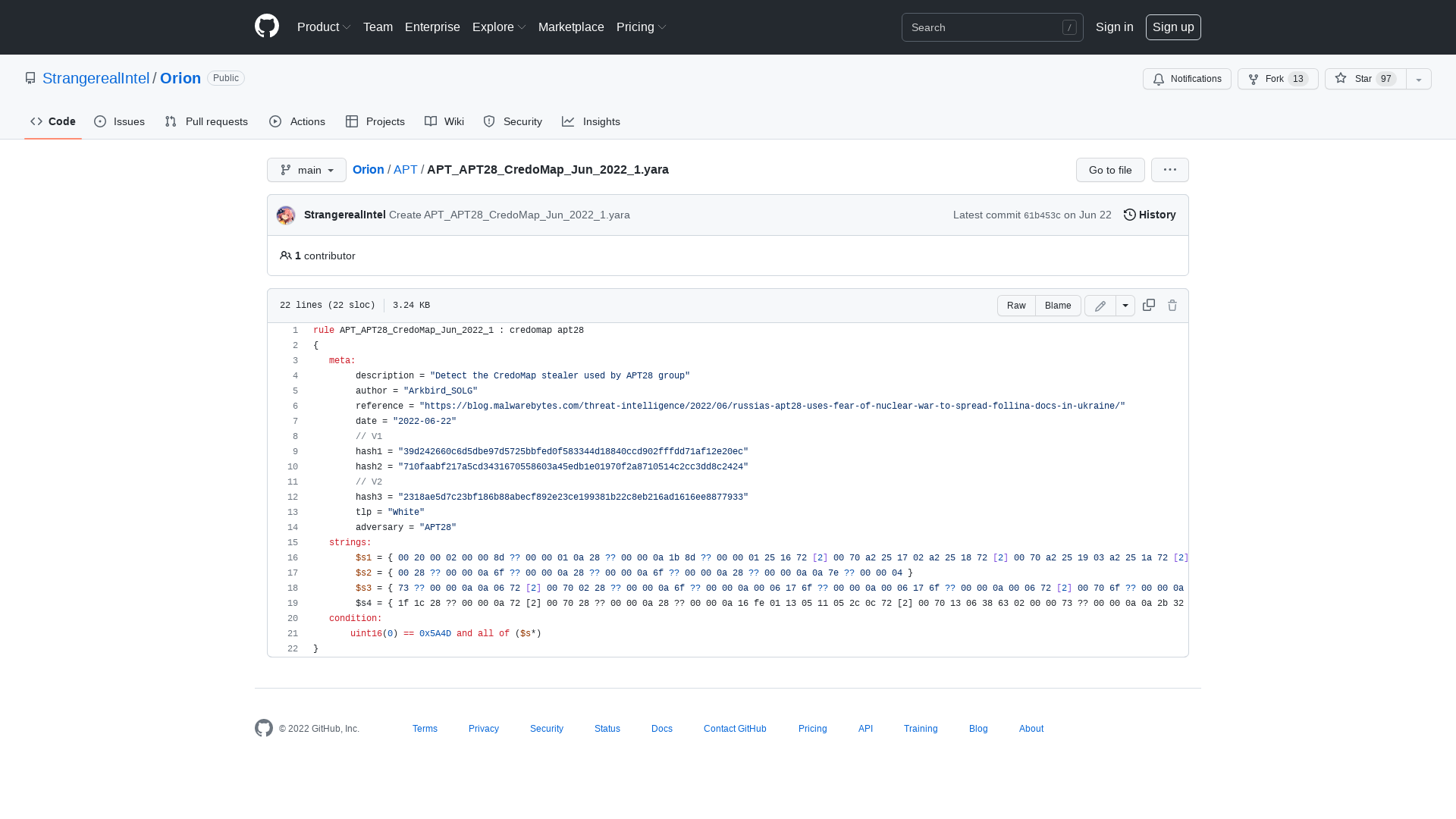 Orion/APT_APT28_CredoMap_Jun_2022_1.yara at main · StrangerealIntel/Orion · GitHub