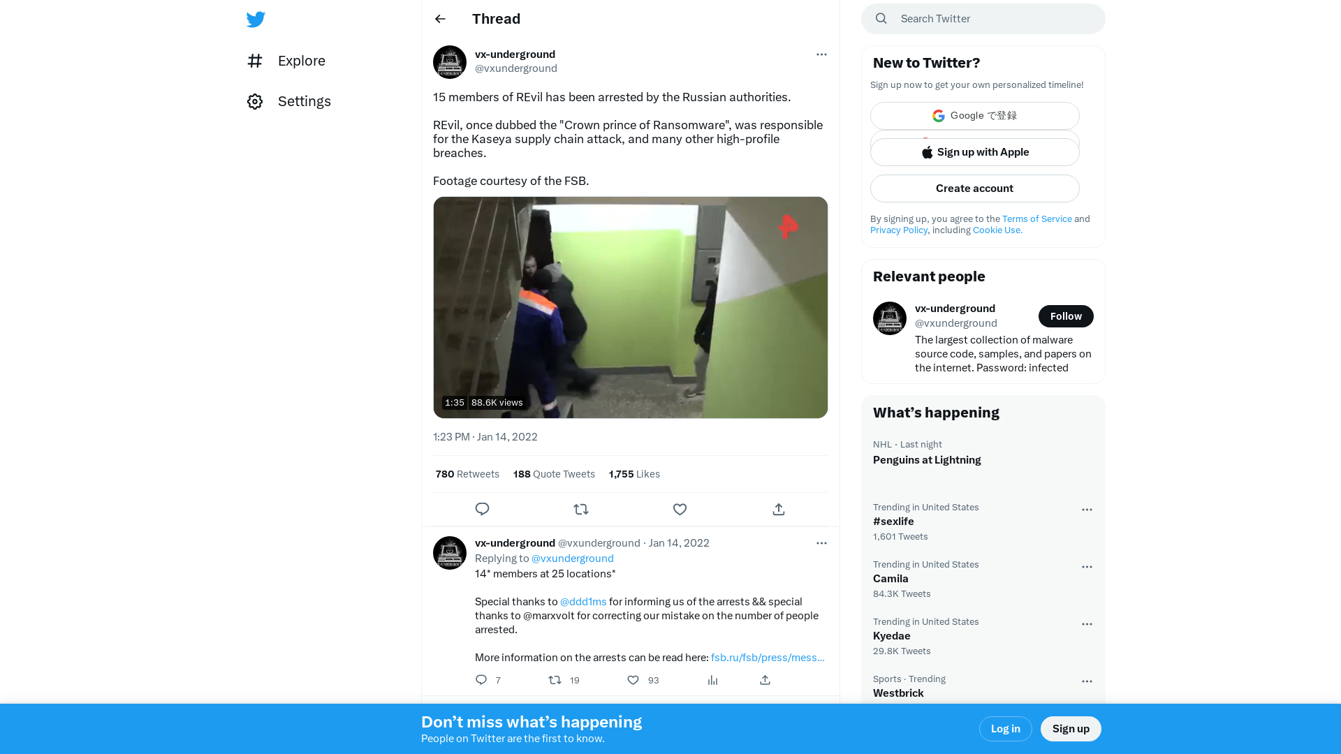 vx-underground on Twitter: "15 members of REvil has been arrested by the Russian authorities. REvil, once dubbed the "Crown prince of Ransomware", was responsible for the Kaseya supply chain attack, and many other high-profile breaches. Footage courtesy of the FSB. https://t.co/7ldAAPwDYg" / Twitter