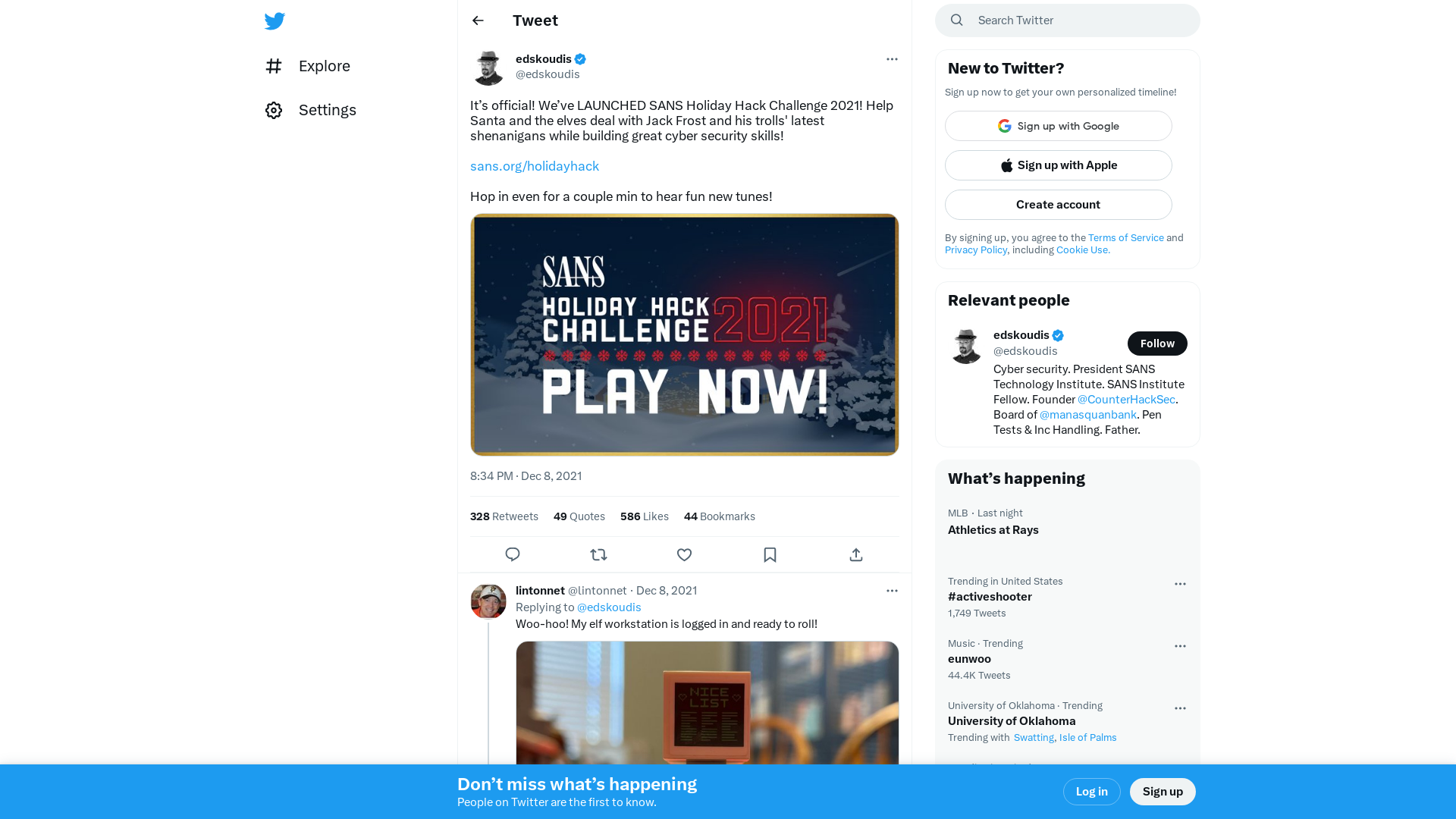 edskoudis on Twitter: "It’s official! We’ve LAUNCHED SANS Holiday Hack Challenge 2021! Help Santa and the elves deal with Jack Frost and his trolls' latest shenanigans while building great cyber security skills! https://t.co/k9hRtwltm8 Hop in even for a couple min to hear fun new tunes! https://t.co/201SZ4pb5D" / Twitter