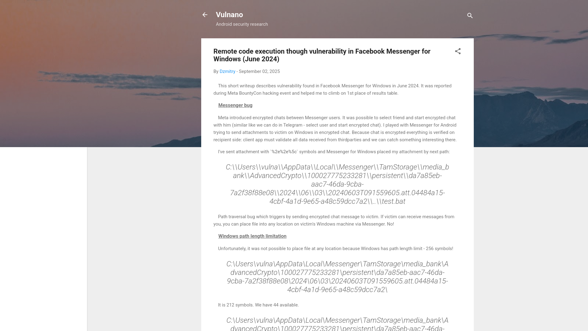 Remote code execution though vulnerability in Facebook Messenger for Windows (June 2024)