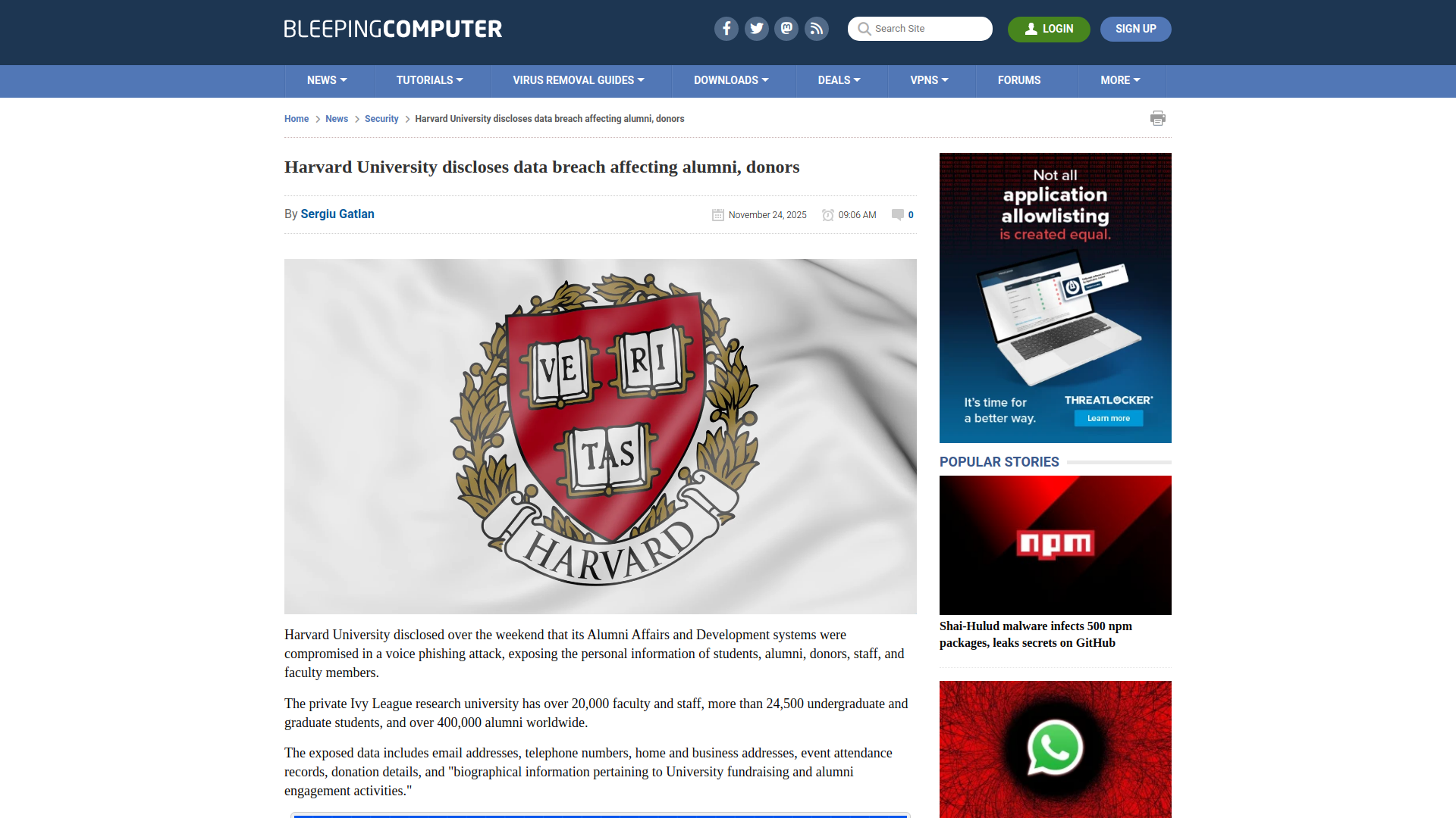 Harvard University discloses data breach affecting alumni, donors