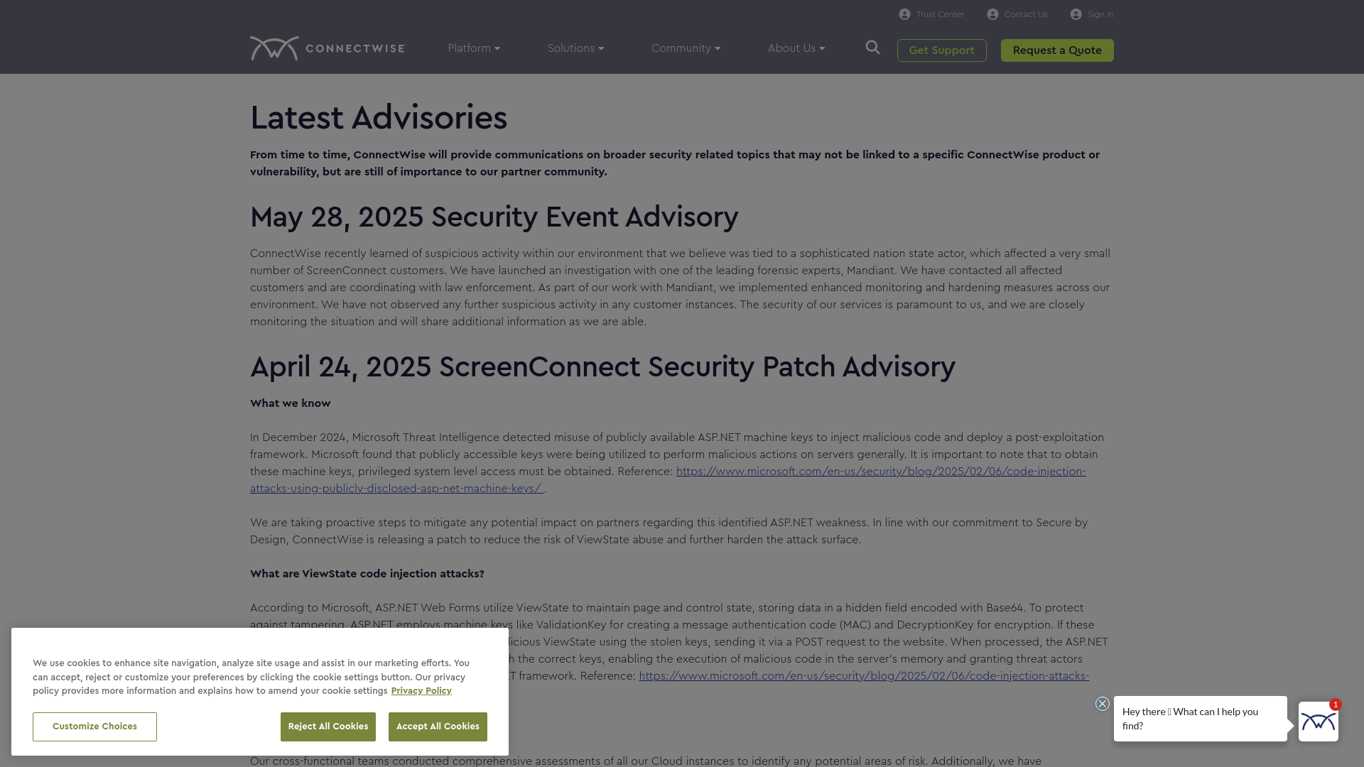 Trust Center | Advisories | ConnectWise