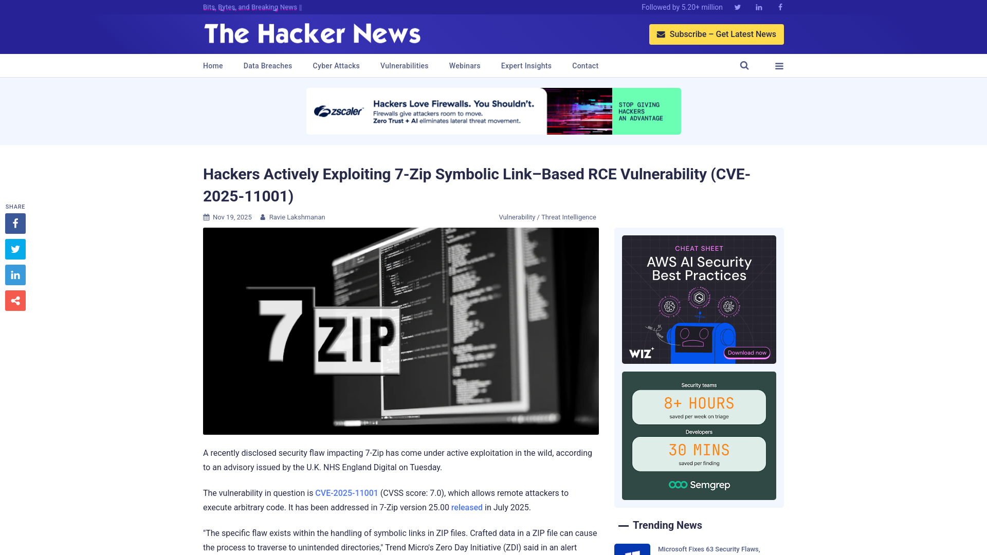Hackers Actively Exploiting 7-Zip Symbolic Link–Based RCE Vulnerability (CVE-2025-11001)