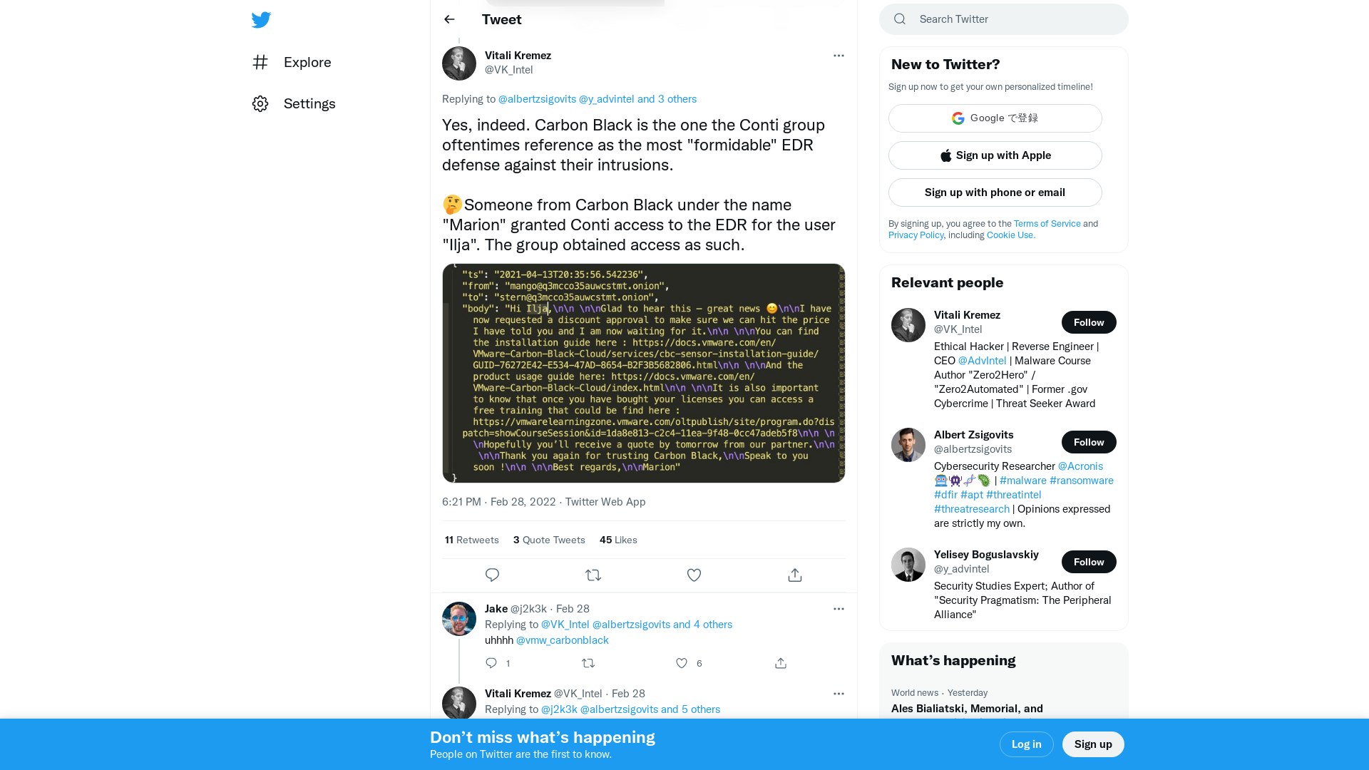 Vitali Kremez on Twitter: "@albertzsigovits @y_advintel @sS55752750 @campuscodi @malwrhunterteam Yes, indeed. Carbon Black is the one the Conti group oftentimes reference as the most "formidable" EDR defense against their intrusions. 🤔Someone from Carbon Black under the name "Marion" granted Conti access to the EDR for the user "Ilja". The group obtained access as such. https://t.co/UWYi0IA0zY" / Twitter