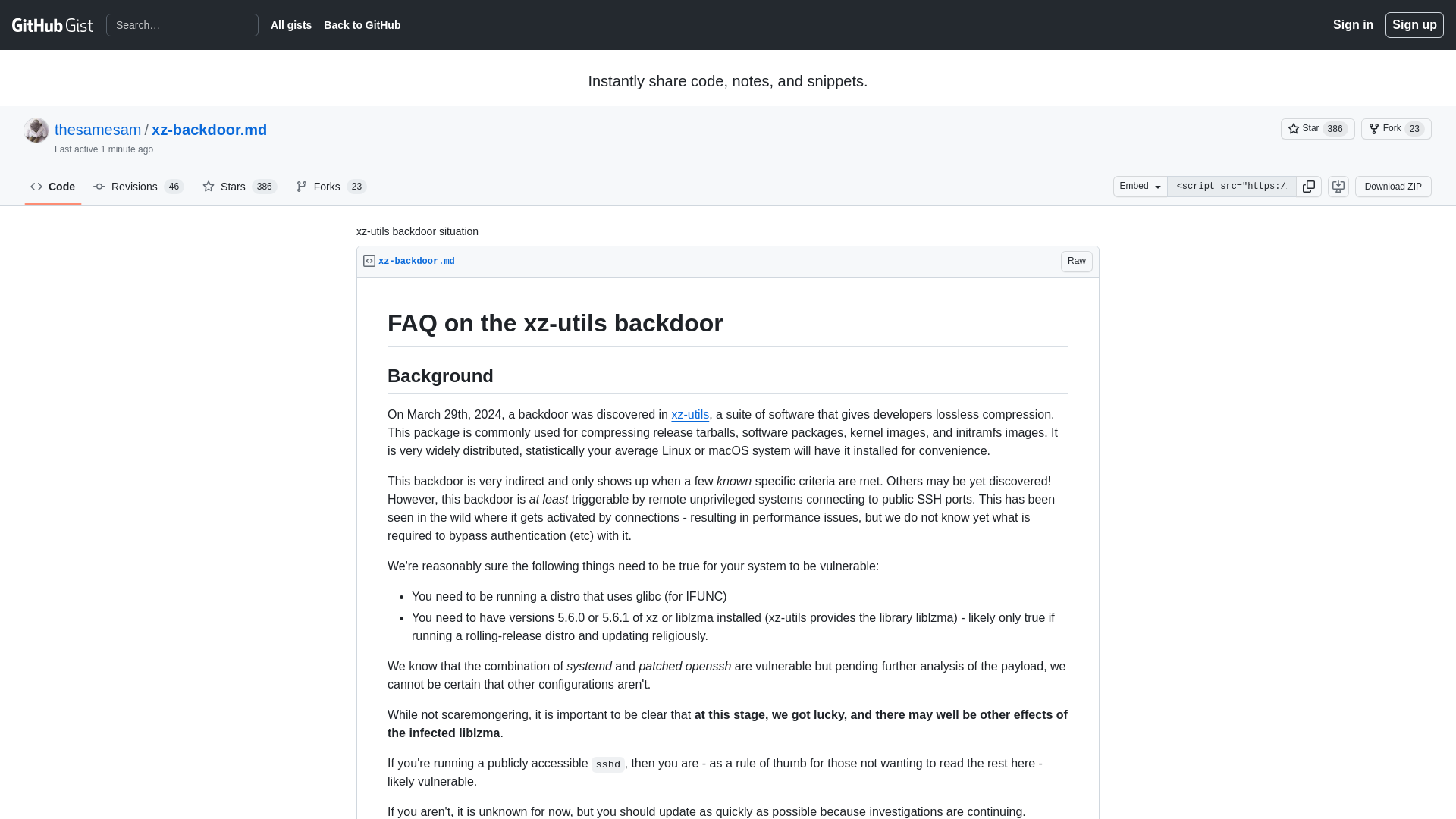 xz-utils backdoor situation · GitHub